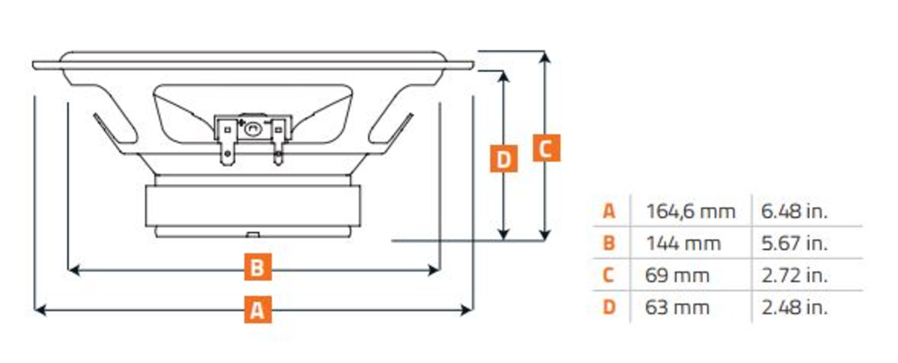 Technische Zeichnung eines Lautsprechers mit Maßangaben.