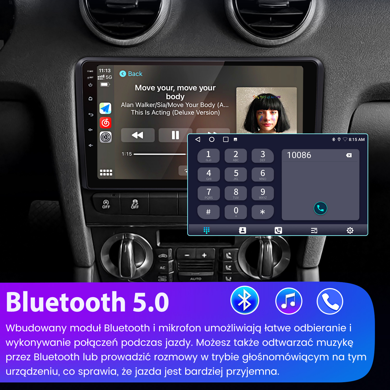 System infotainment samochodu wyświetla odtwarzacz muzyki i klawiaturę numeryczną.