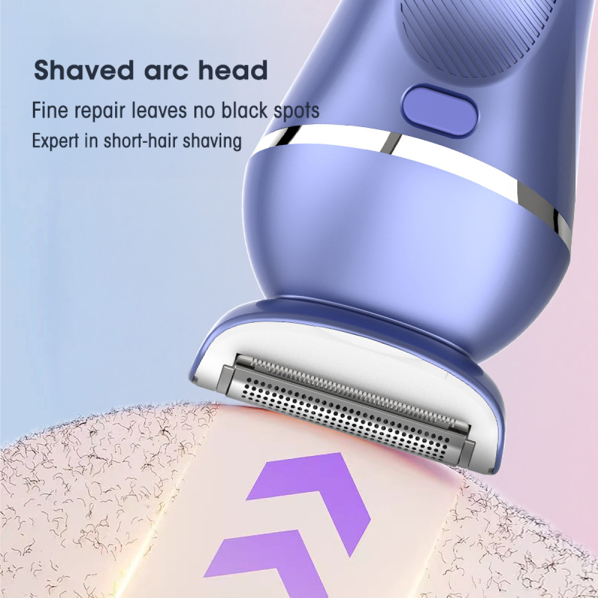 Fioletowa golarka z łukowatą głowicą goli drobne włosy. Dwie fioletowe strzałki wskazują w górę.