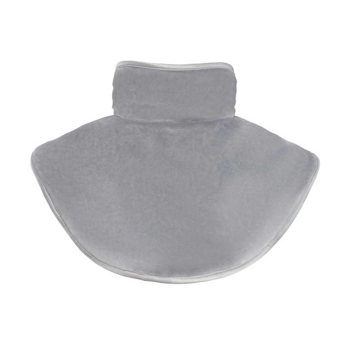 Szara poduszka na kark z pionowym kołnierzem i szerszym, rozszerzającym się ku dołowi korpusem.