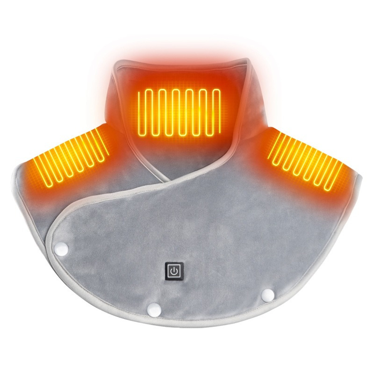 Szary podgrzewacz karku z świecącymi elementami grzewczymi i przyciskiem zasilania.
