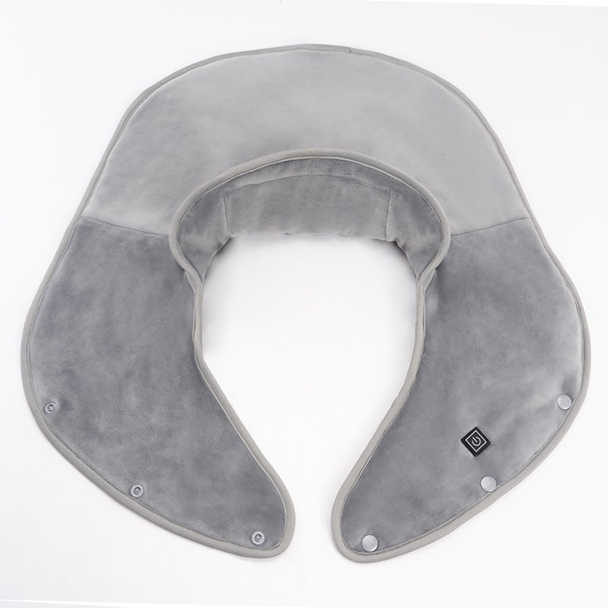 Szara poduszka na kark z zatrzaskami i symbolem zasilania.