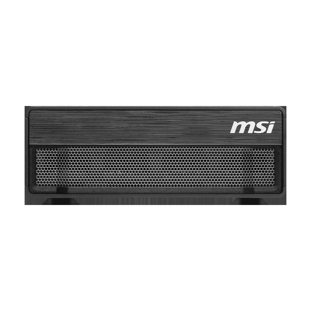 A black MSI case with a brushed metal front and honeycomb grille.