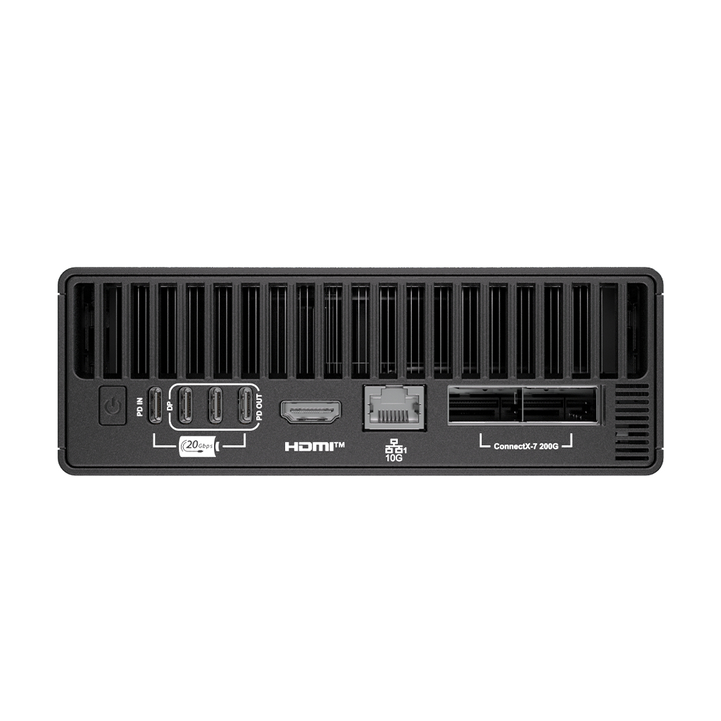 Black casing with ports: power, PD IN, DP, HDMI, 10G Ethernet, ConnectX-7.