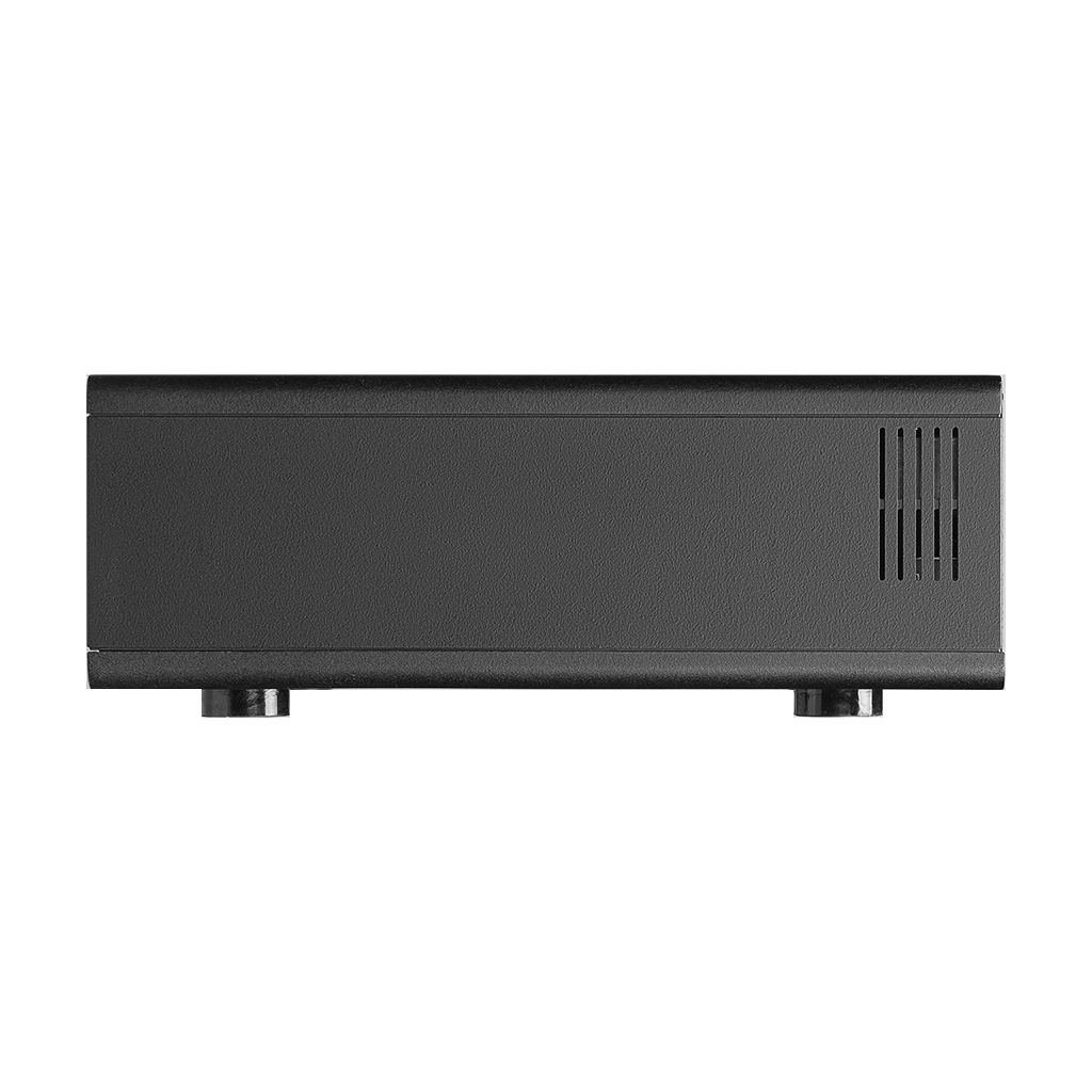 Black rectangular electronic device with ventilation slots and feet on a white background.