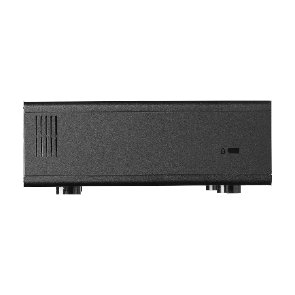 Black electronic device with ventilation slots and a lock symbol on the side.