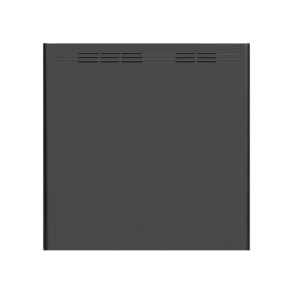 Dark gray object with horizontal ventilation slots at the top.