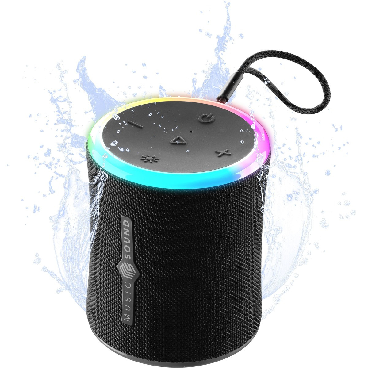 Un altoparlante portatile nero con un anello luminoso LED colorato, circondato da schizzi d'acqua.