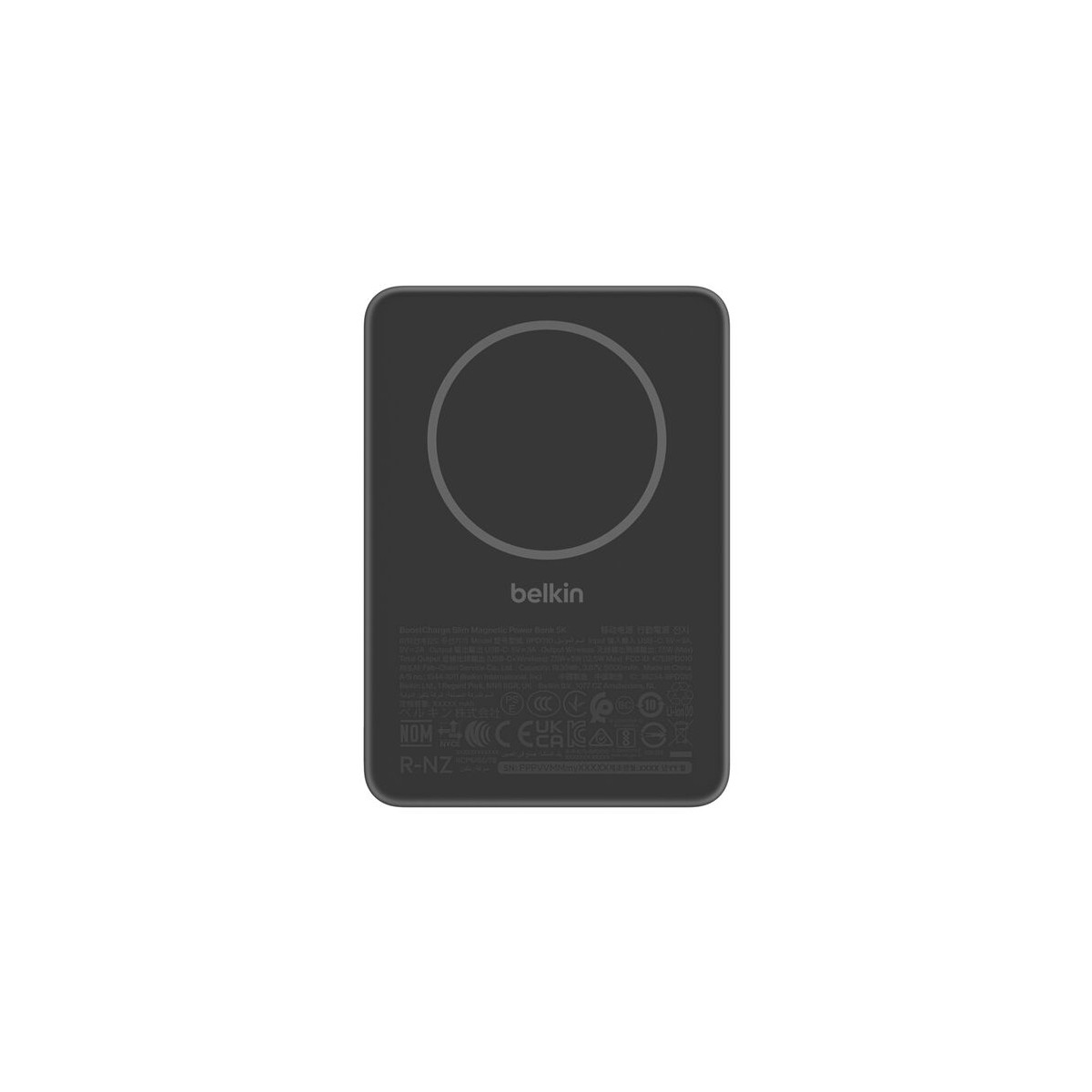 Siyah Belkin powerbank, manyetik şarj dairesi ve yazısı ile.
