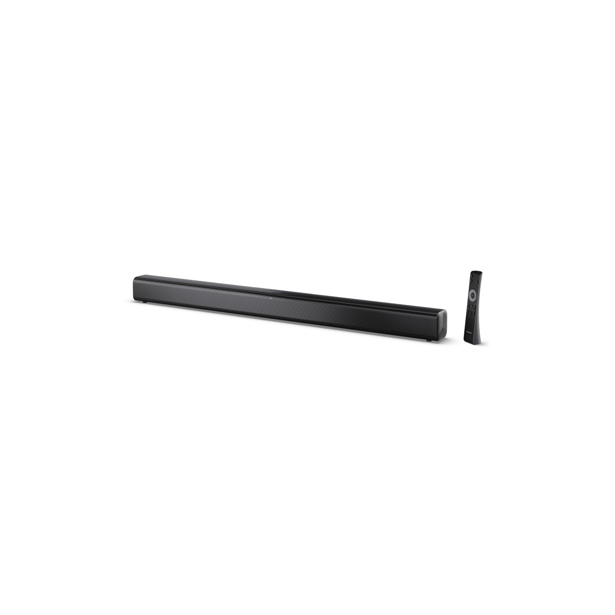 Schwarzer Soundbar mit Fernbedienung auf weißem Hintergrund.