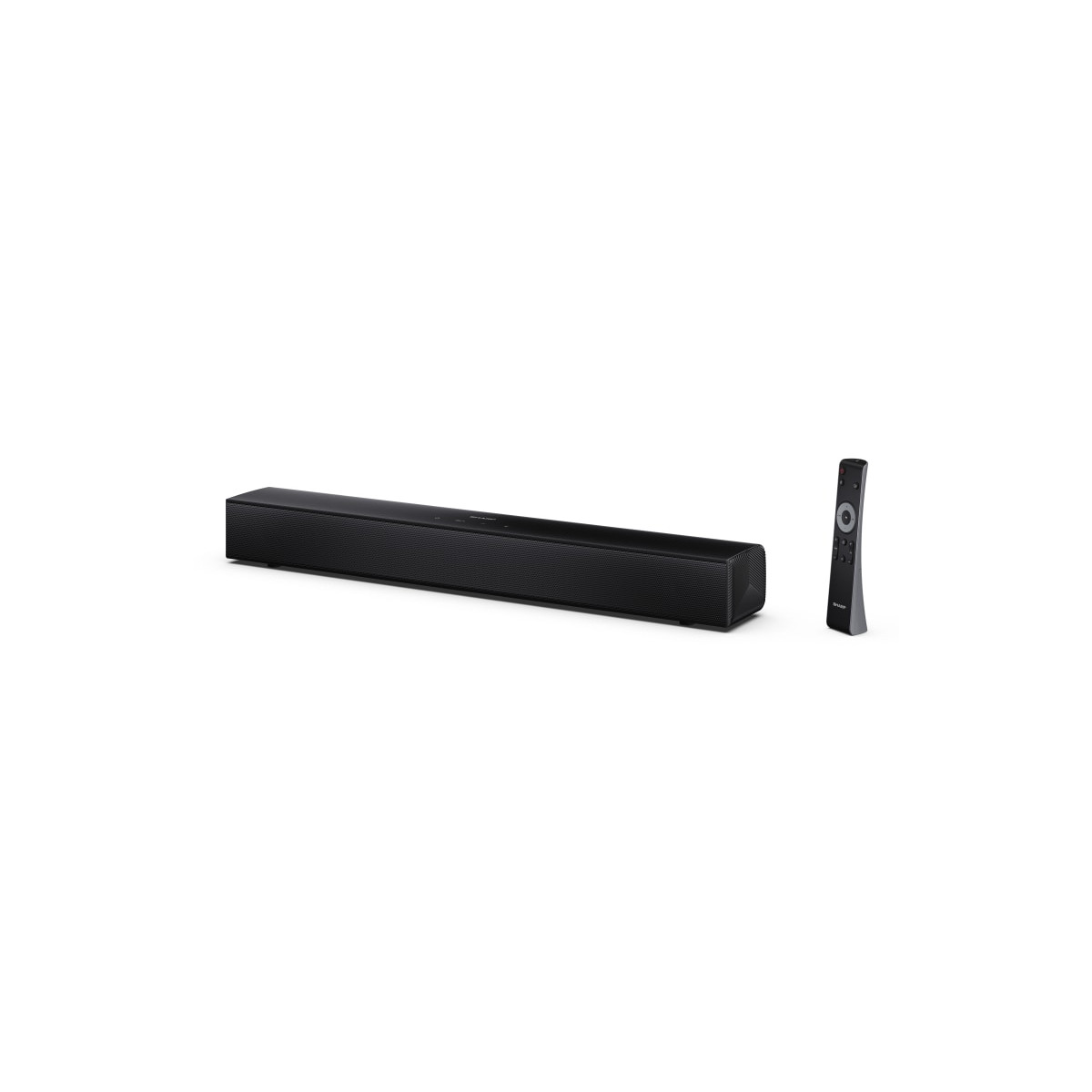 Una soundbar nera e un telecomando su sfondo bianco.
