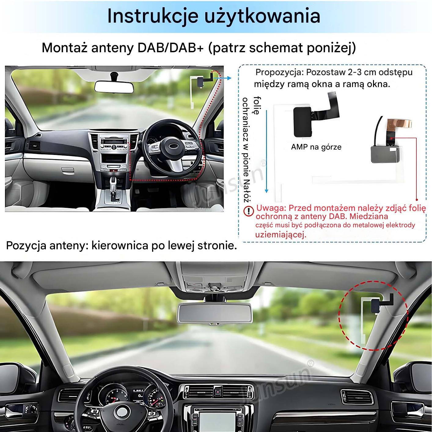 Wnętrze samochodu z instrukcją montażu anteny DAB na przedniej szybie.