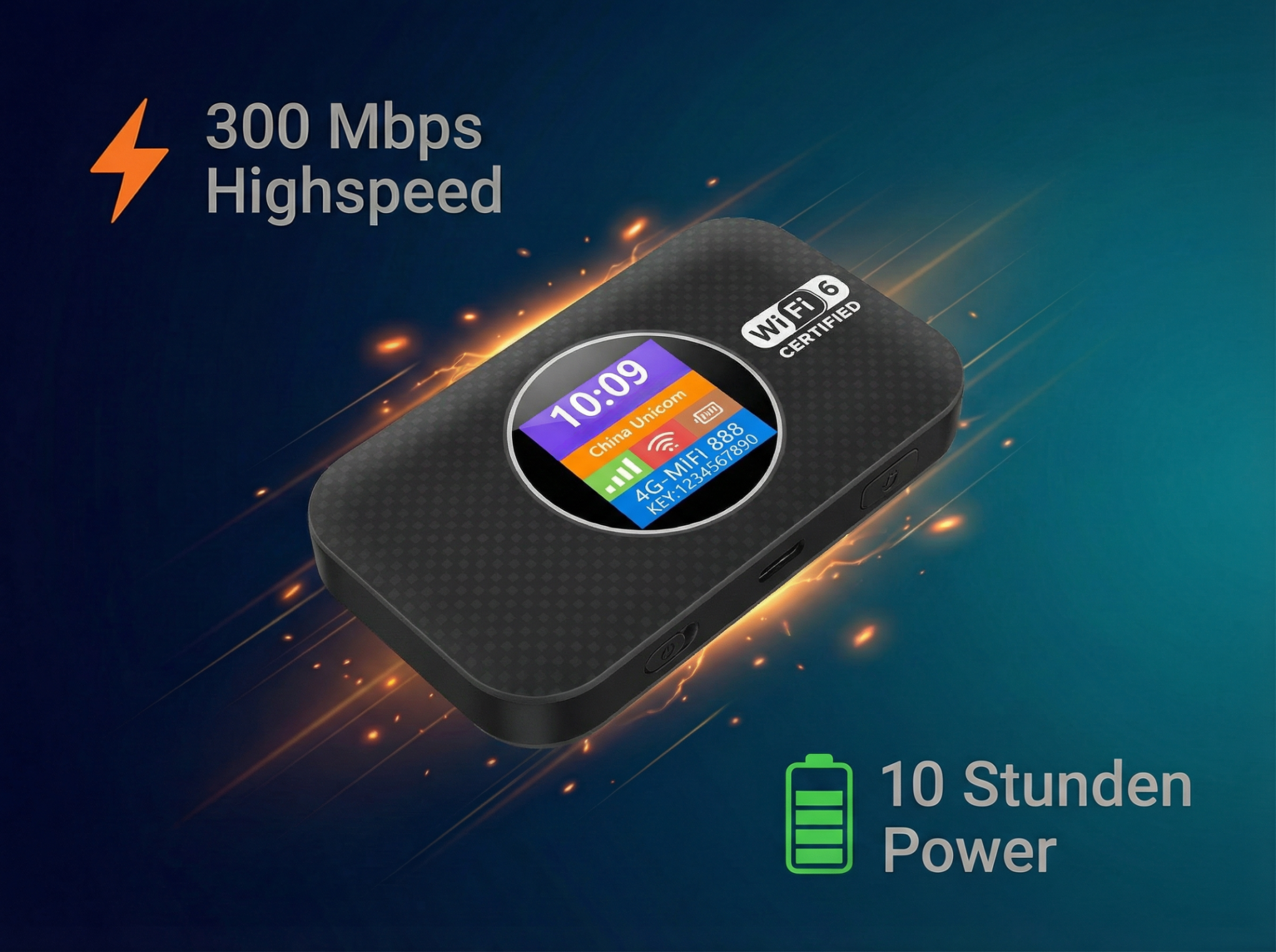 Ein schwarzer WLAN-Router mit einem Bildschirm, der 10:09 anzeigt. 300 Mbps.