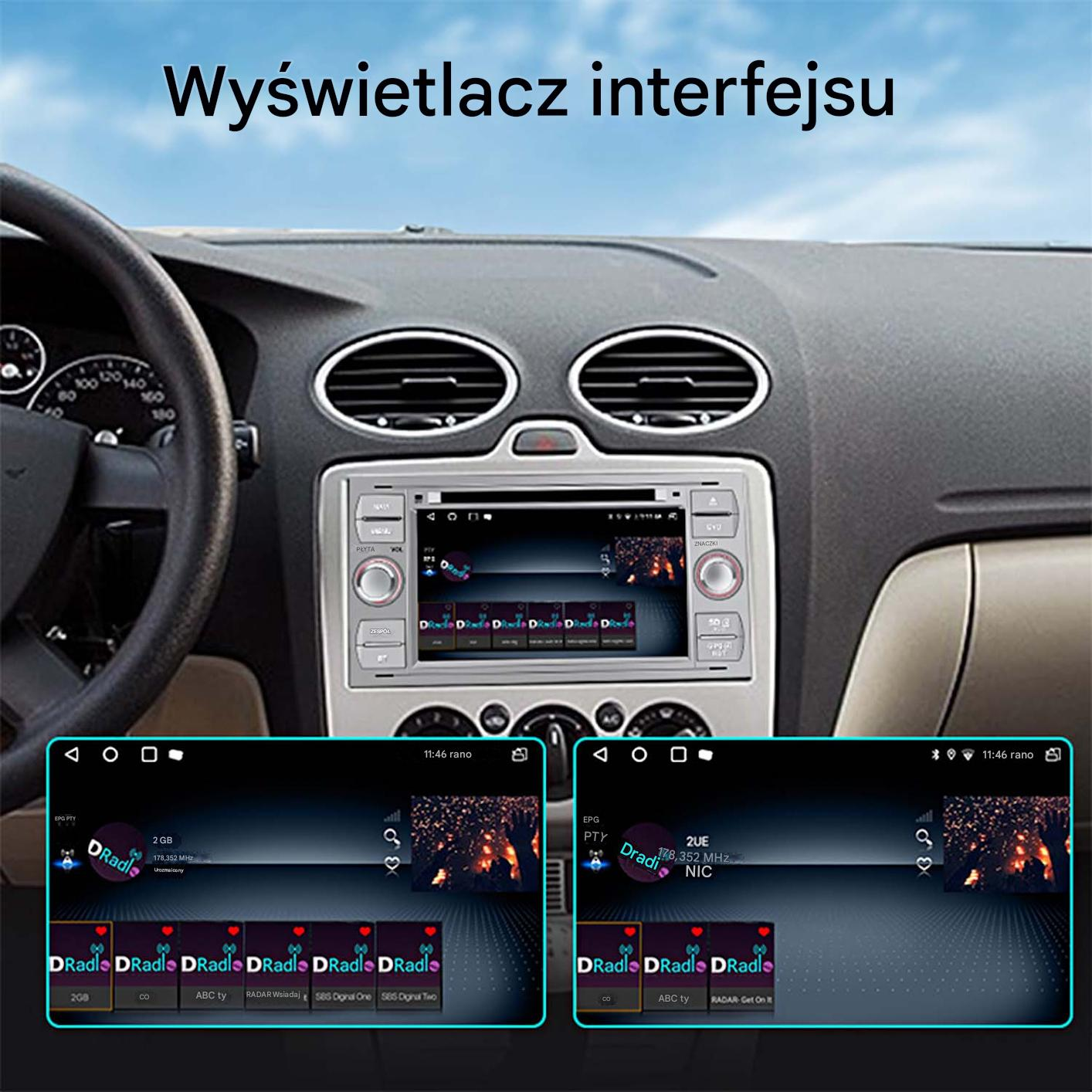 Wyświetlacz radia samochodowego z informacjami o stacjach i okładkami.
