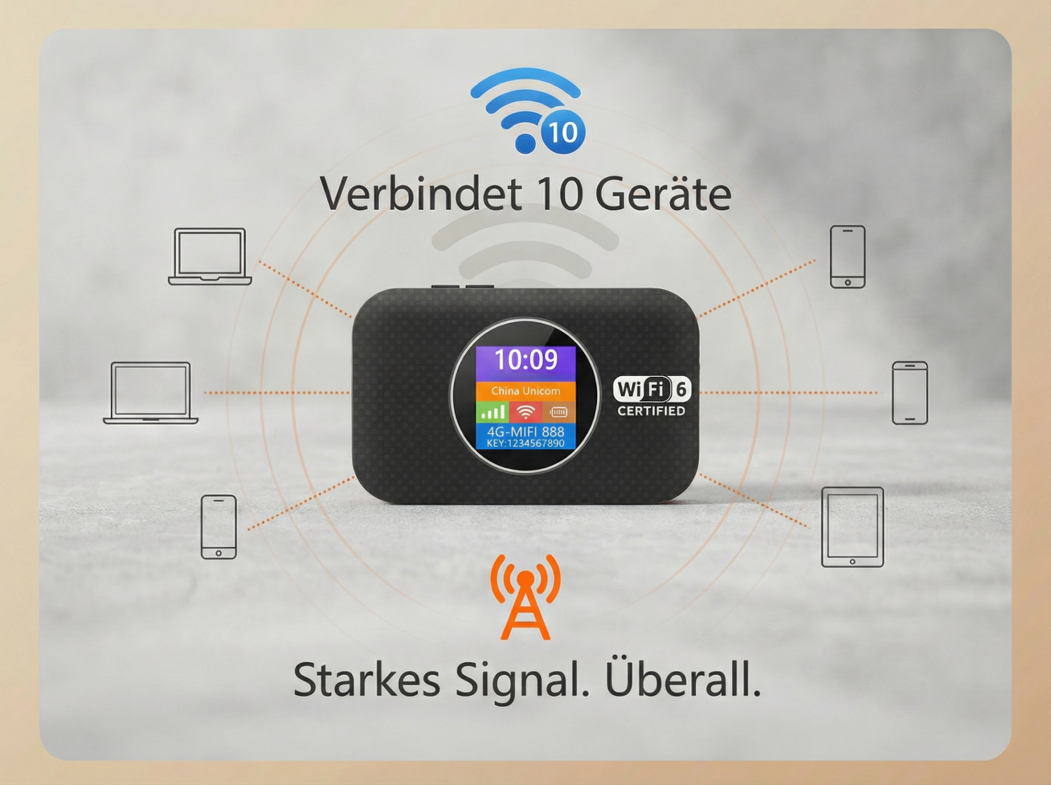 Ein schwarzer 4G-MIFI Router verbindet 10 Geräte wie Laptops und Smartphones.