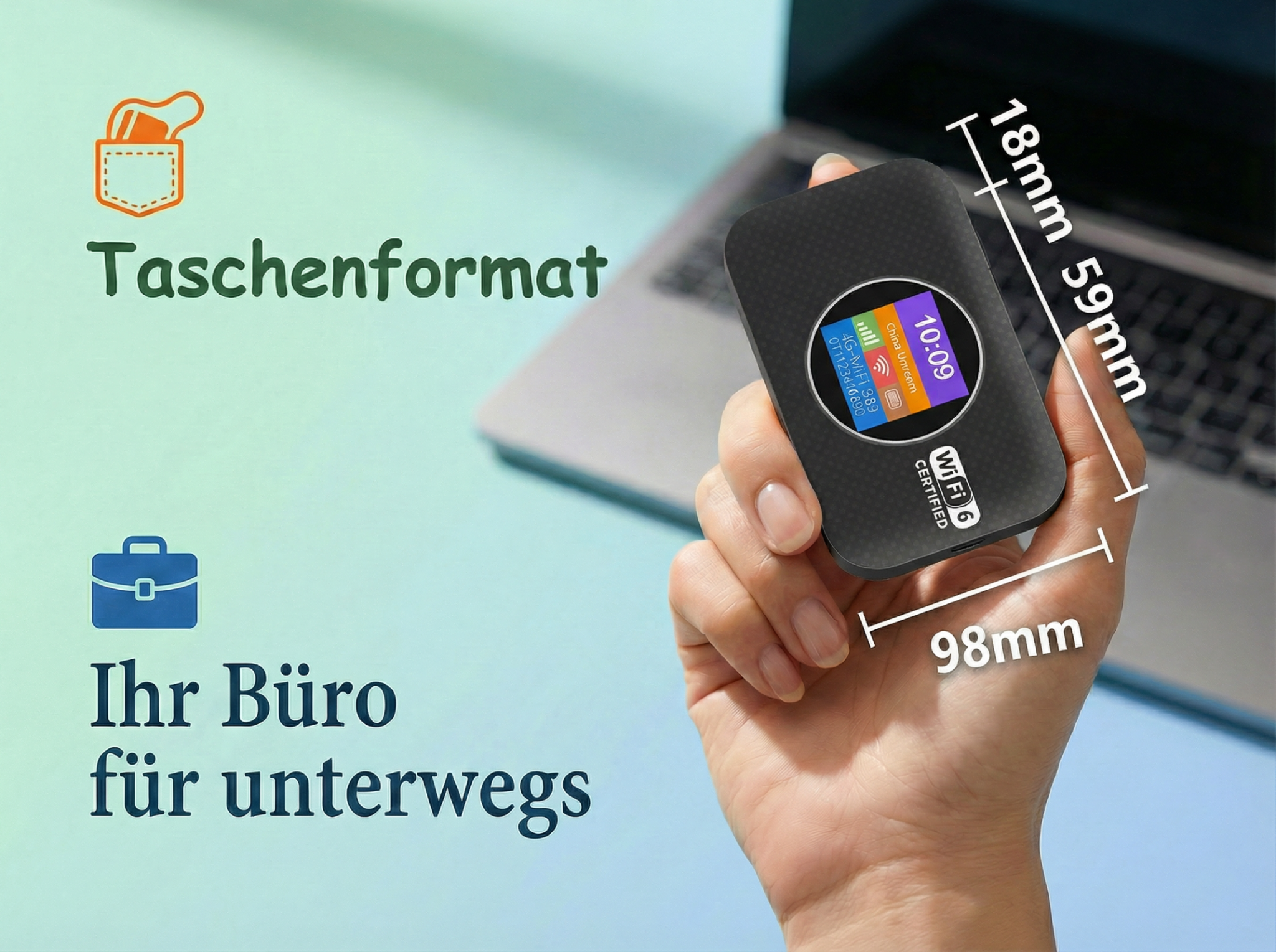 Person hält einen schwarzen 4G-WLAN-Router mit Maßen 98x59x18mm vor einem Laptop.