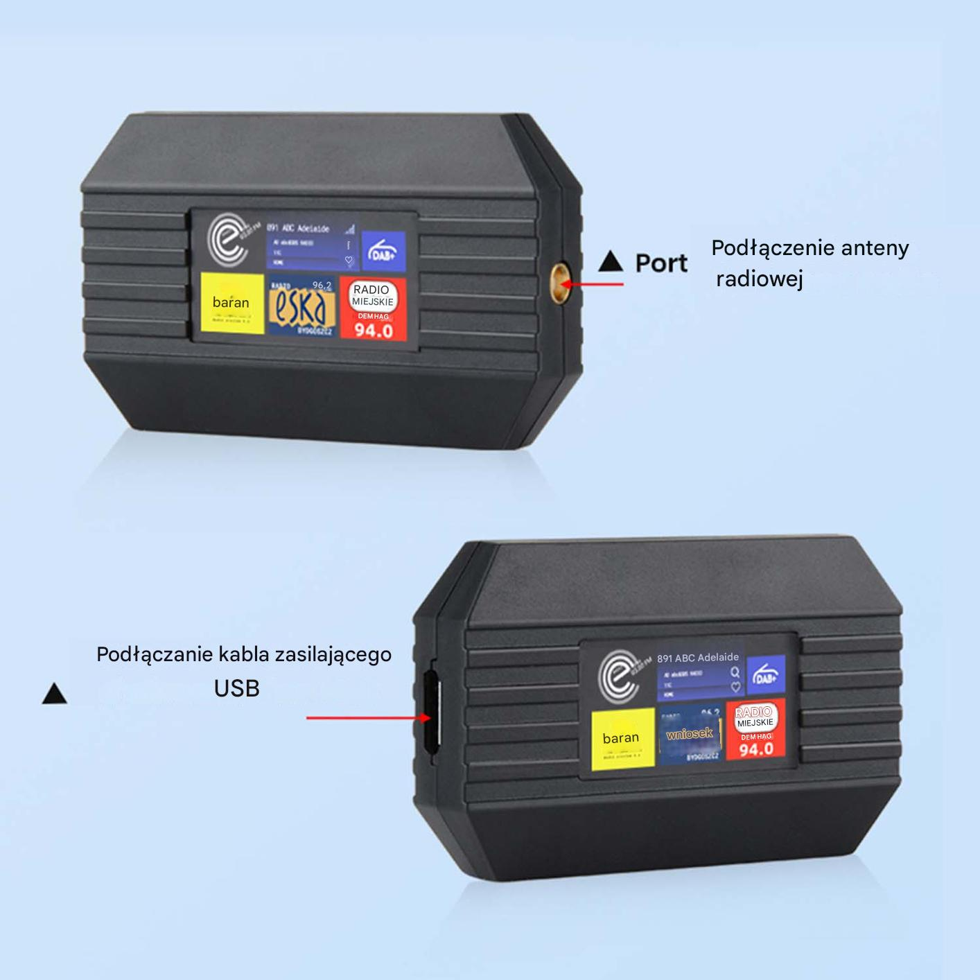 Czarno-radio DAB z ekranem. Port anteny u góry, port USB z boku.