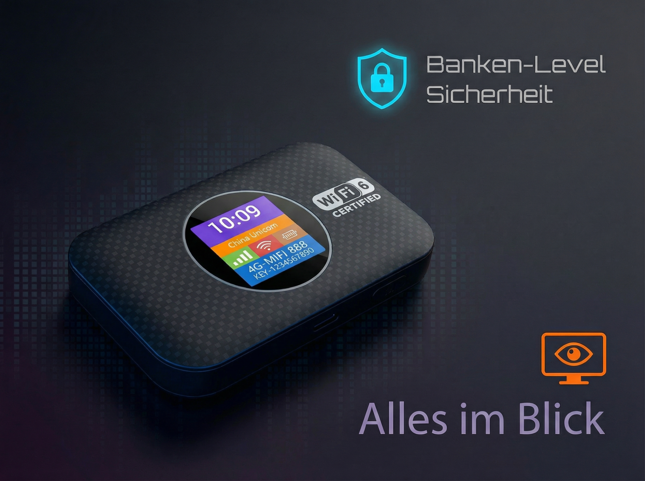 Ein schwarzer 4G-MIFI-Router mit Wi-Fi 6, zeigt Zeit und Netzwerkinformationen.
