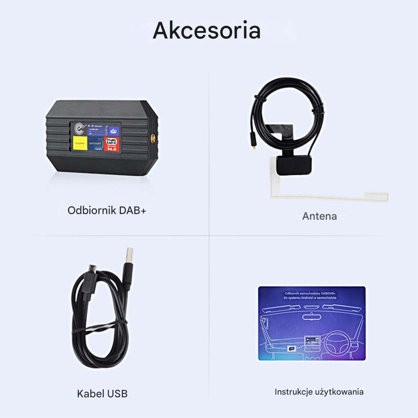 Cztery akcesoria samochodowe: odbiornik DAB+, antena, kabel USB, instrukcje.
