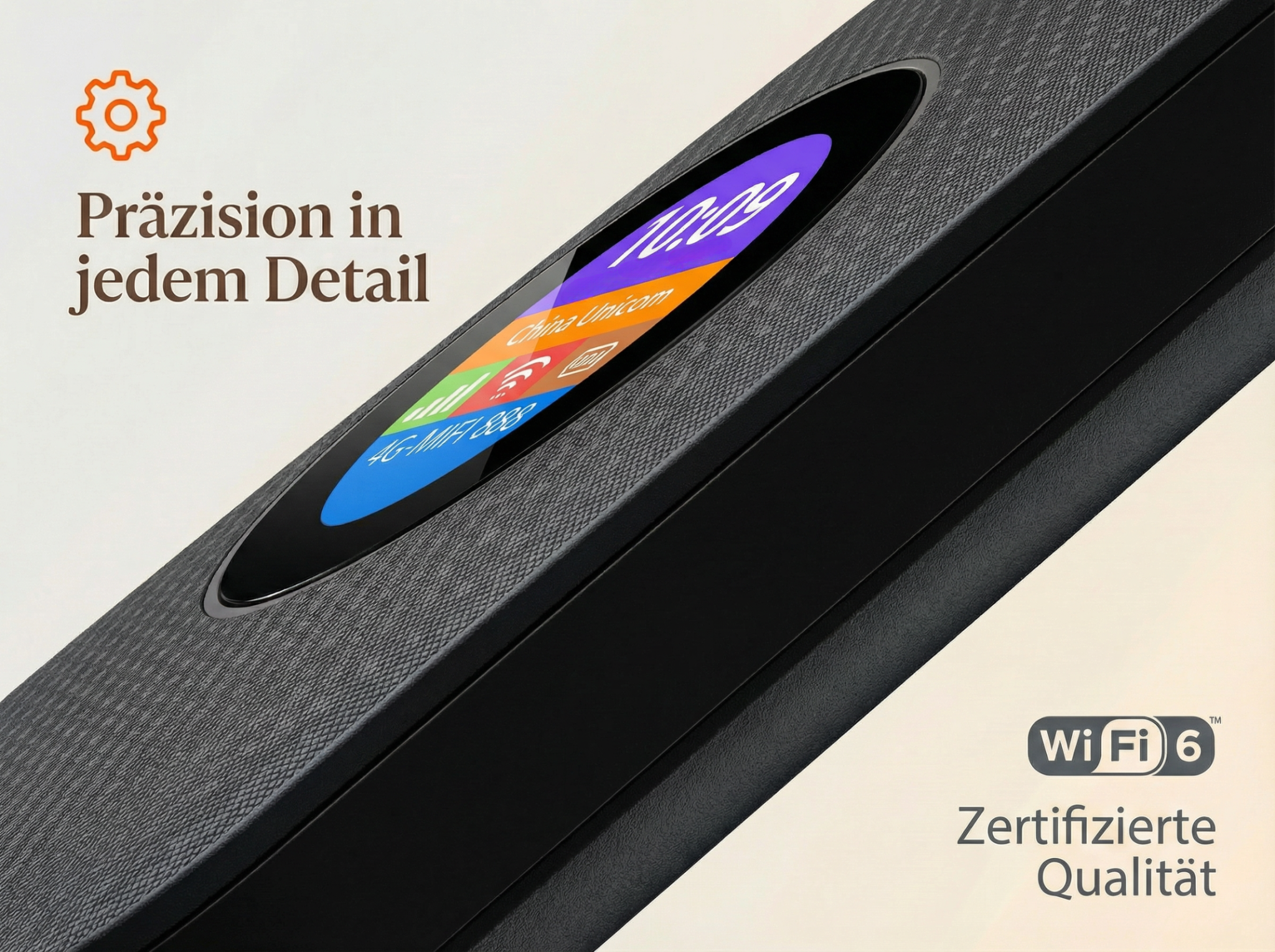 Ein schwarzes MiFi-Gerät mit Display zeigt die Uhrzeit und Netzinfos. Wi-Fi 6.