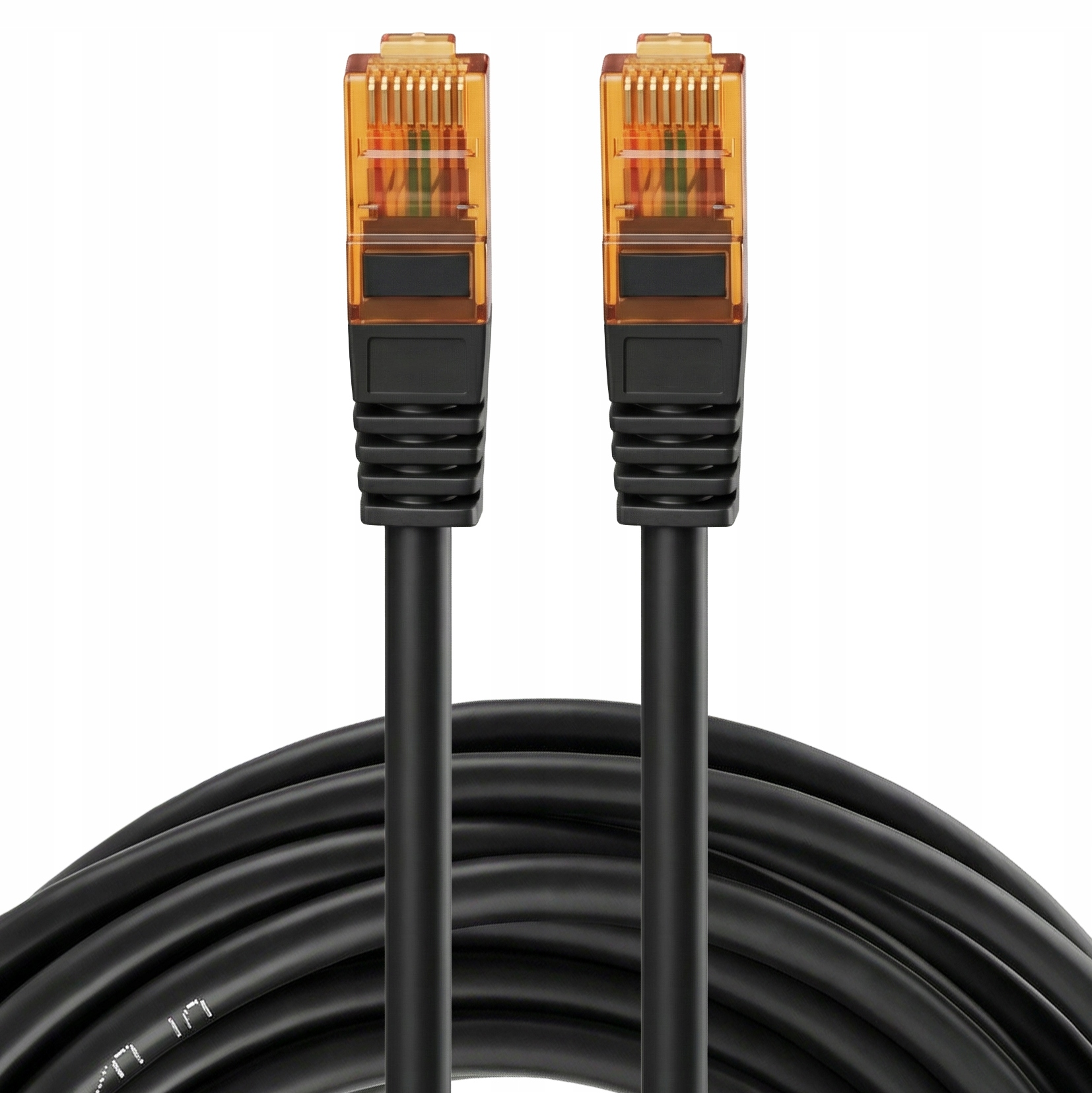 Dwa czarne kable sieciowe z przezroczysto-pomarańczowymi złączami, zwinięte.