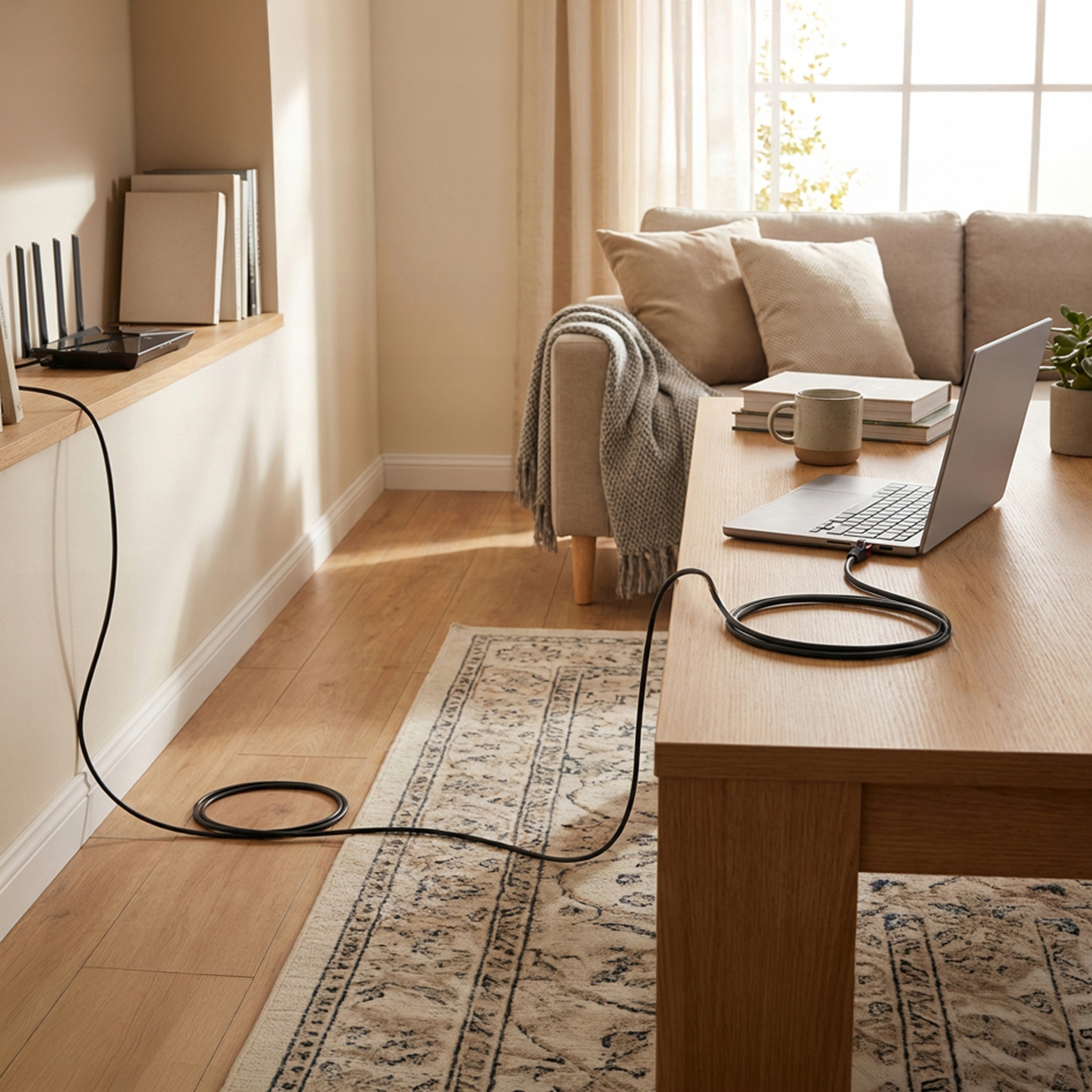 Laptop, kubek i książki na drewnianym stole. Router na półce.