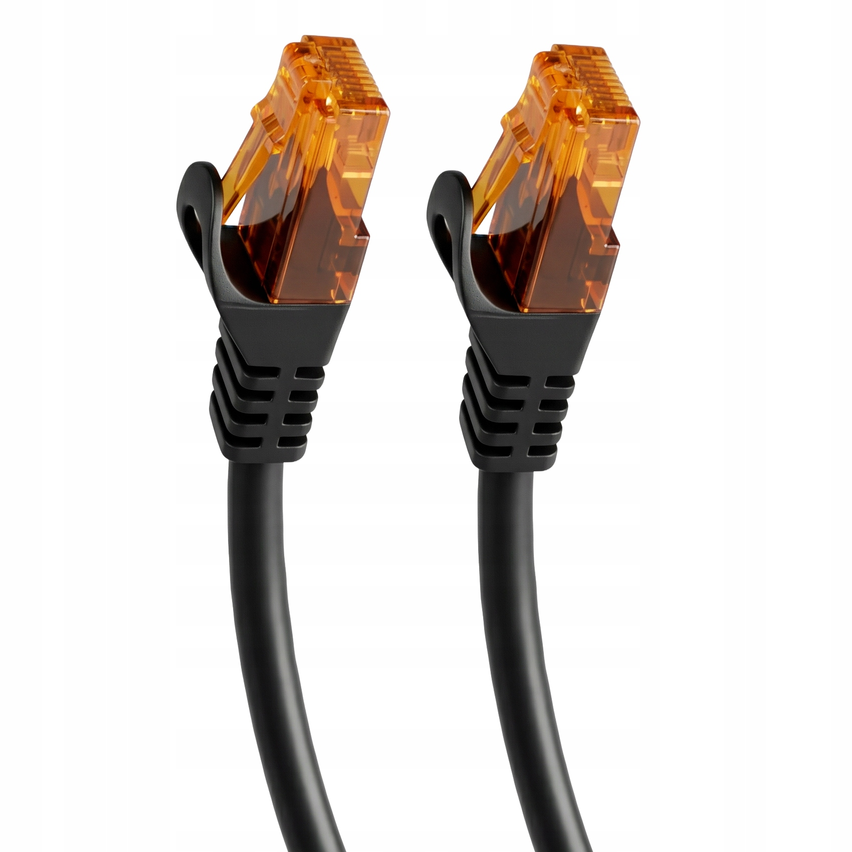 Dwa czarne kable sieciowe z półprzezroczystymi bursztynowymi złączami RJ45.
