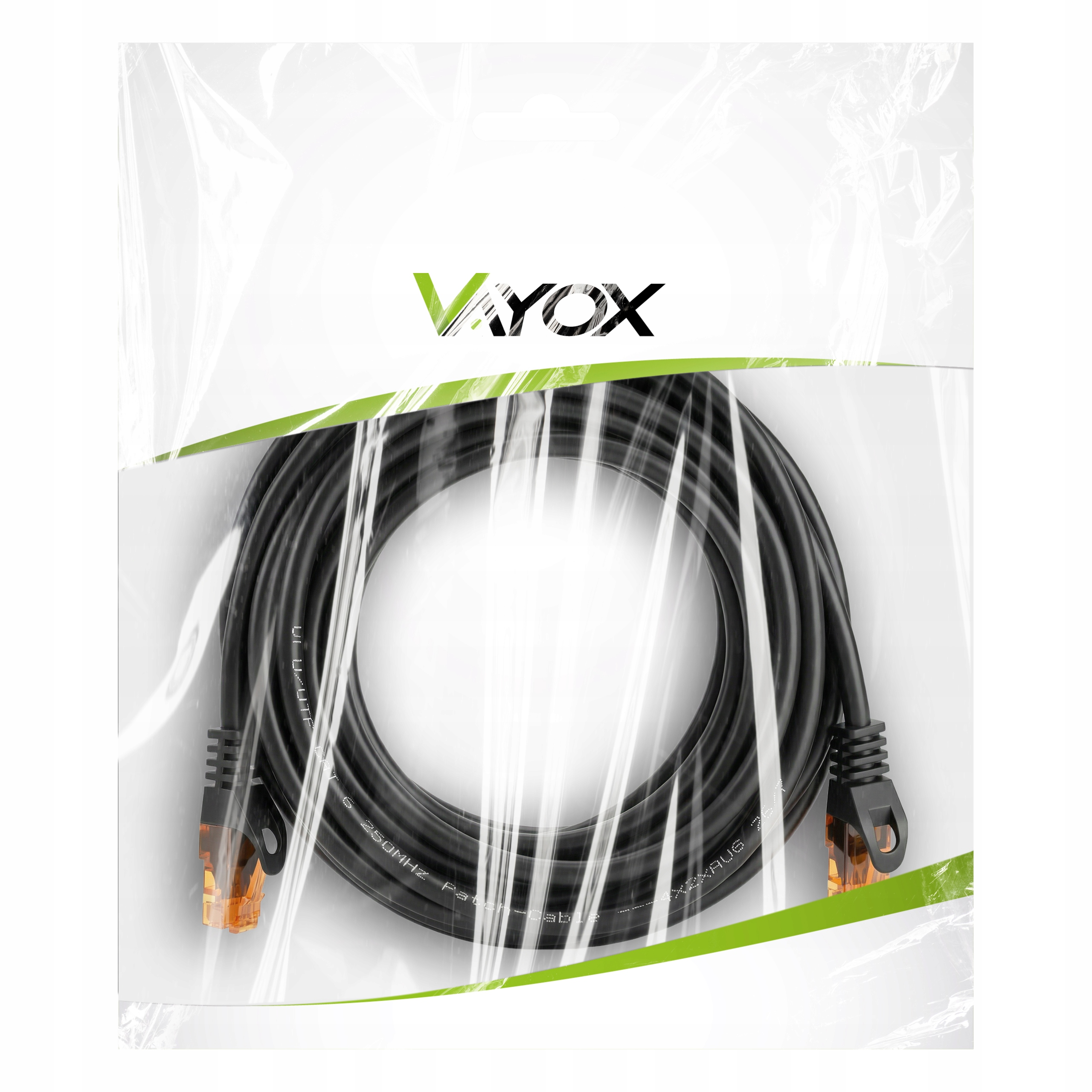 Czarny kabel sieciowy z pomarańczowymi złączami, zapakowany w przezroczystą folię.