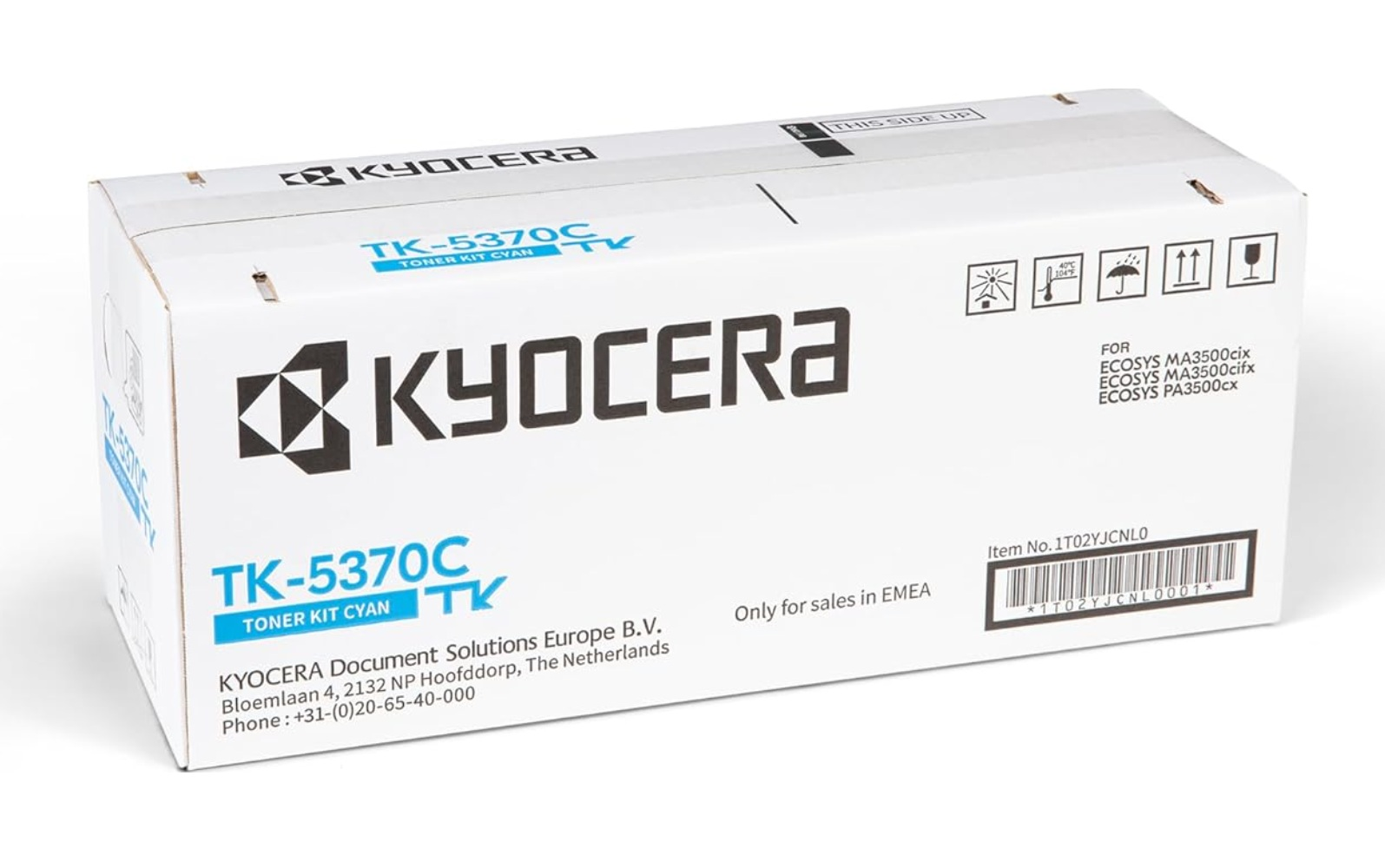 Białe pudełko tonera Kyocera, model TK-5370C, z niebieskim i czarnym tekstem, na białym tle.