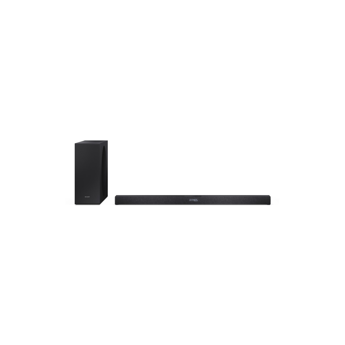Subwoofer e soundbar neri con testo "ATMOS" su sfondo bianco.
