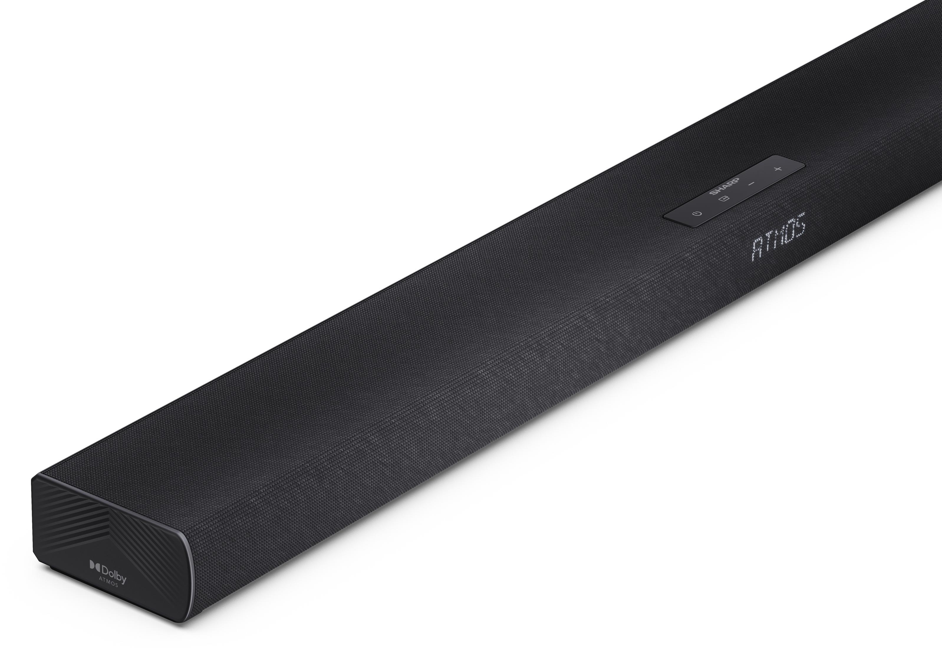 Soundbar Dolby Atmos nero con logo SHARP e pulsanti.