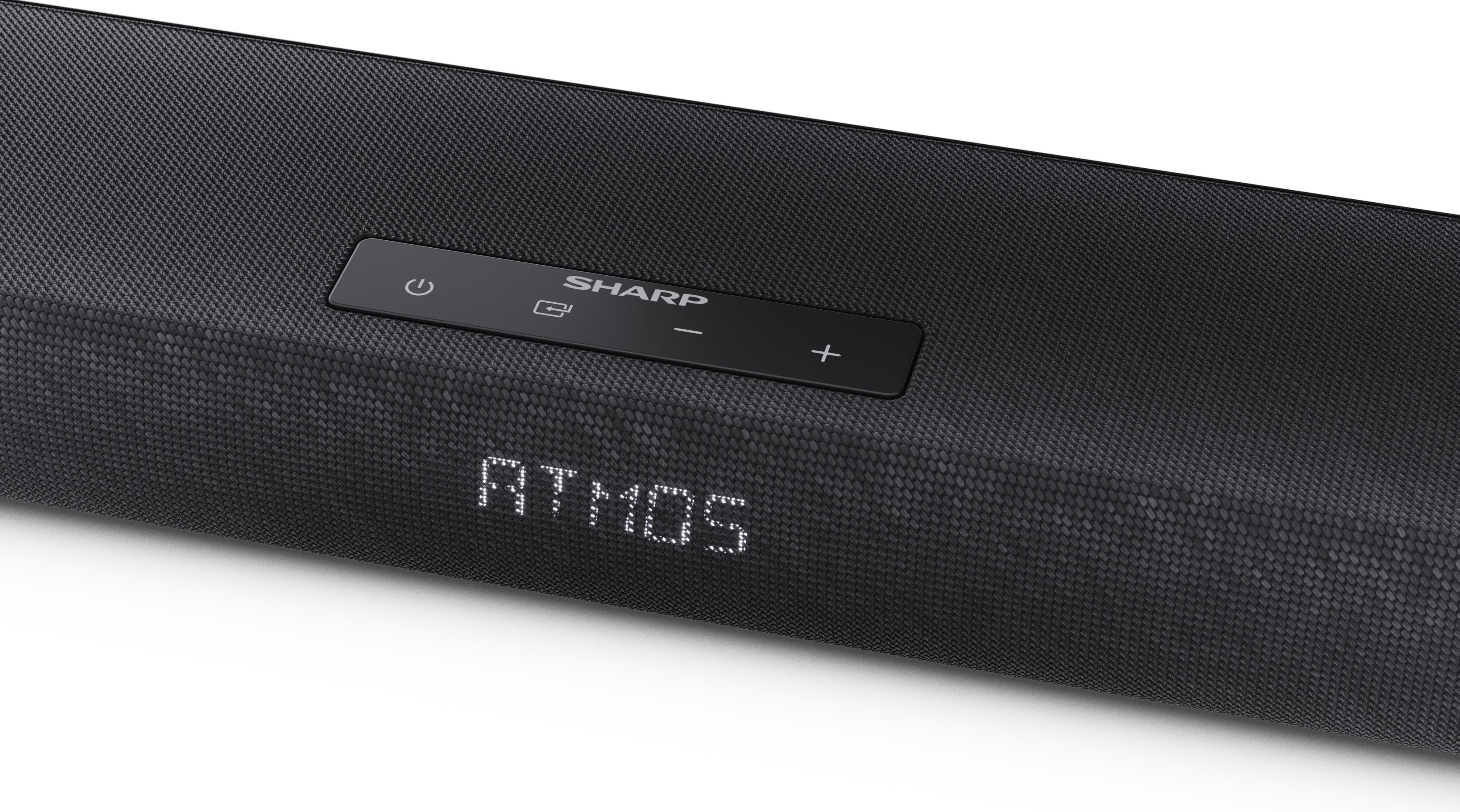 Soundbar nero con logo SHARP, controlli volume e display "ATMOS".