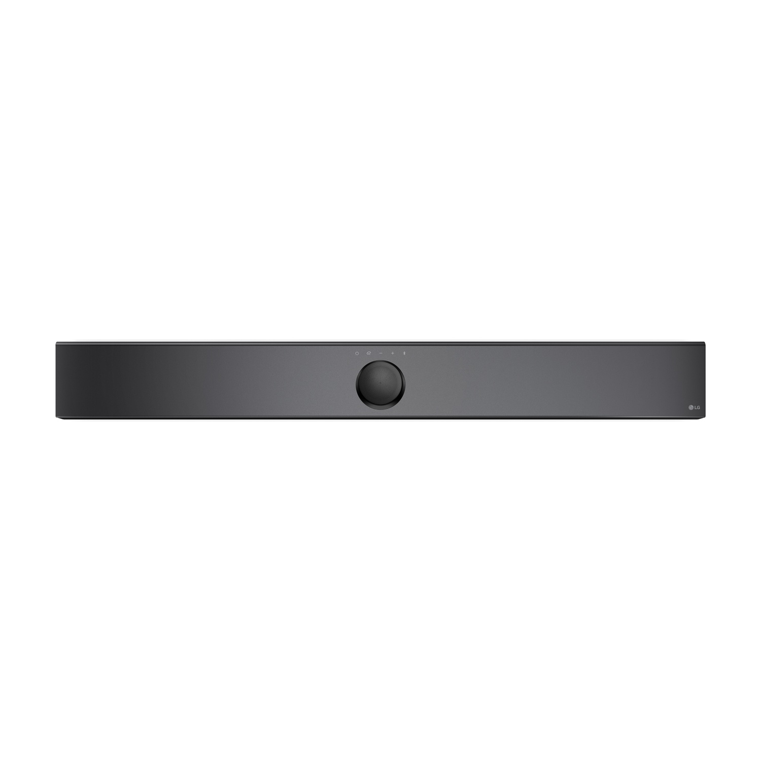 Schwarzer LG Soundbar mit Bedienelementen und Lautsprechergittern.