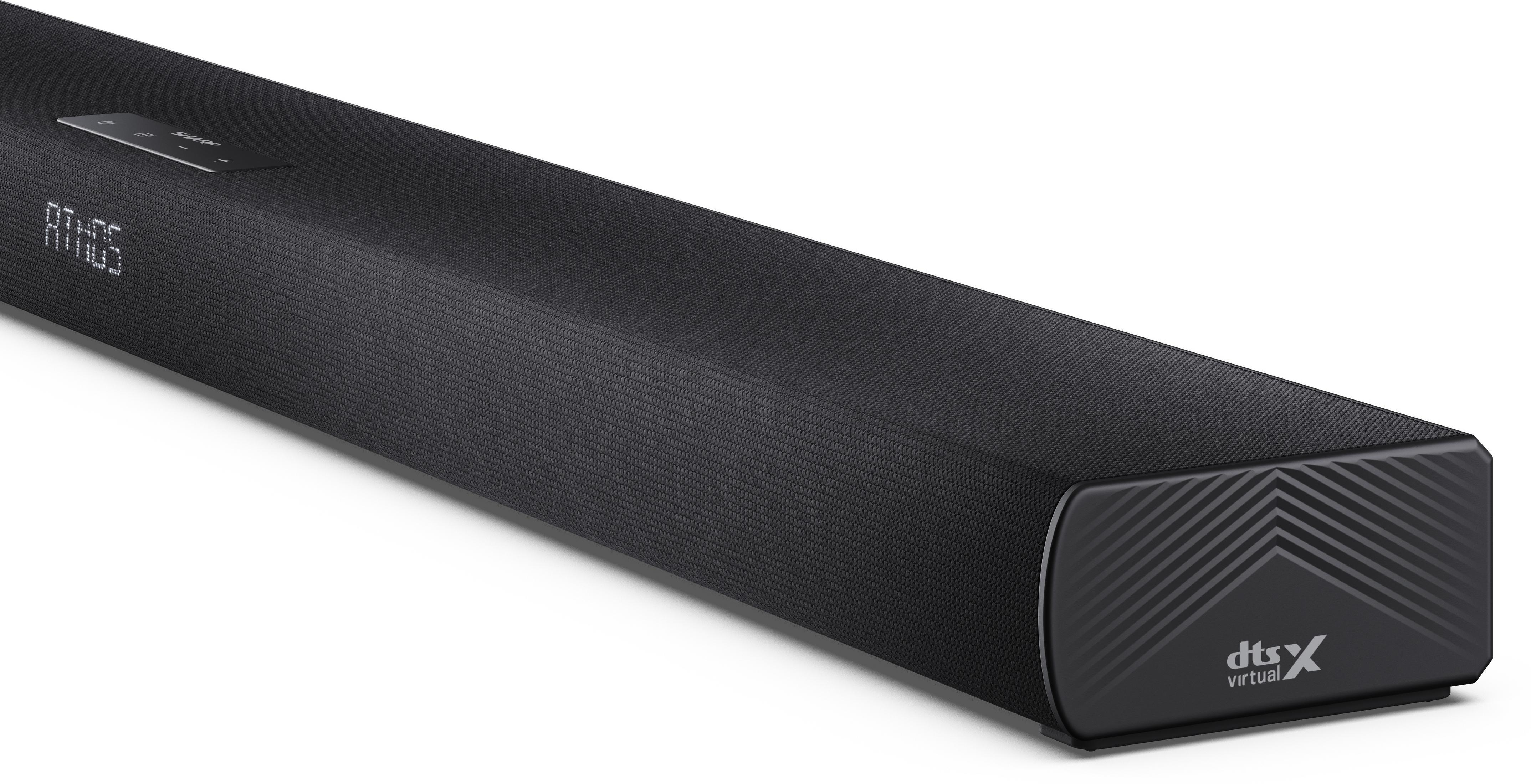 Soundbar nero con logo DTS:X Virtual e display digitale.