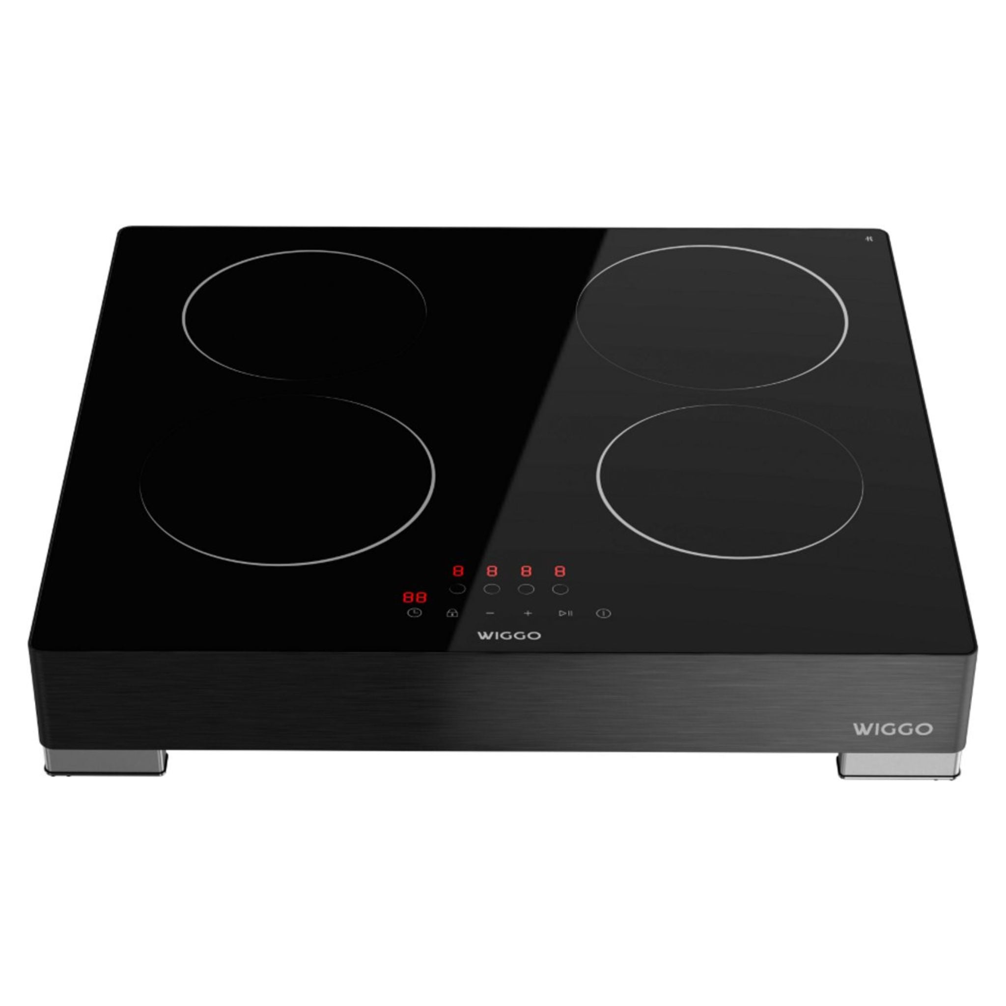 Black induction hob with four cooking zones and digital display.