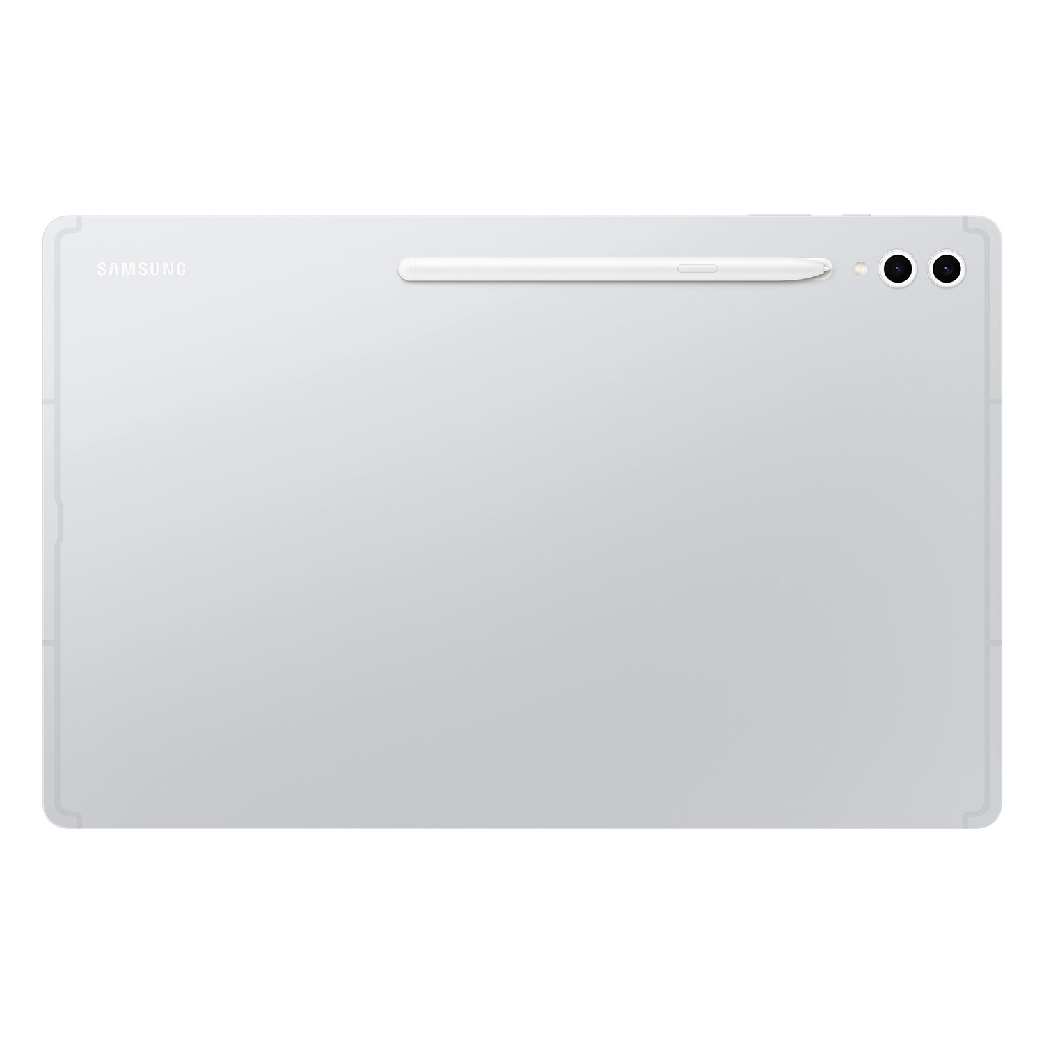 Rückseite eines weißen Samsung Tablets mit zwei Kameras und einem Stift.