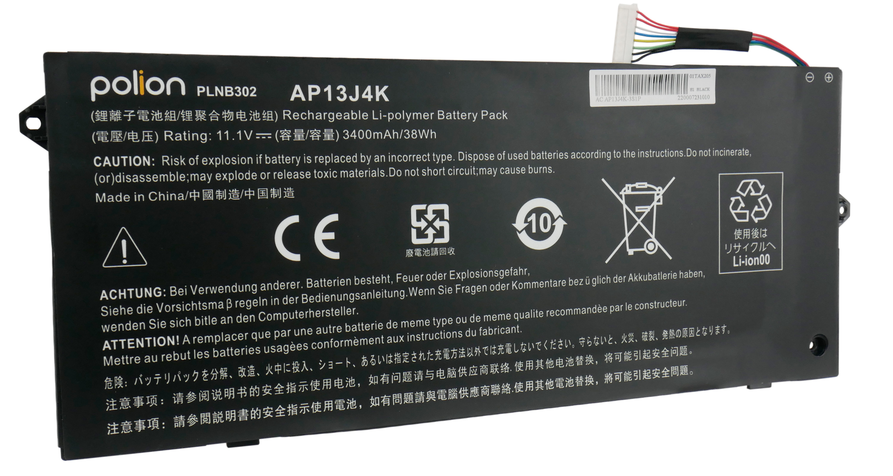 Czarny akumulator model AP13J4K, 11.1V, 3400mAh. Symbole i tekst ostrzegawczy.