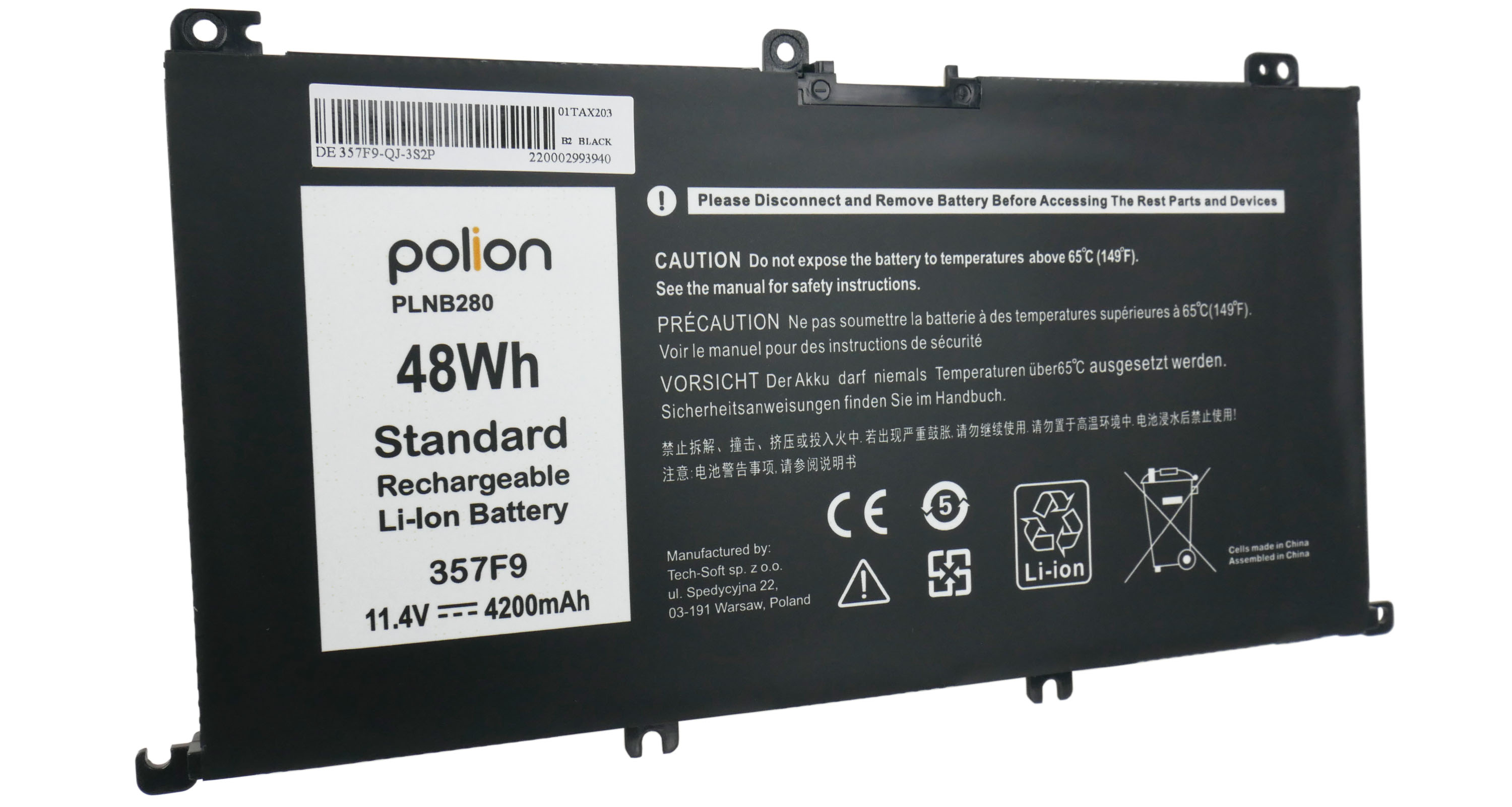 Czarna bateria Li-Ion polion, 48Wh, 11.4V, 4200mAh. Zawiera ostrzeżenia dotyczące bezpieczeństwa.