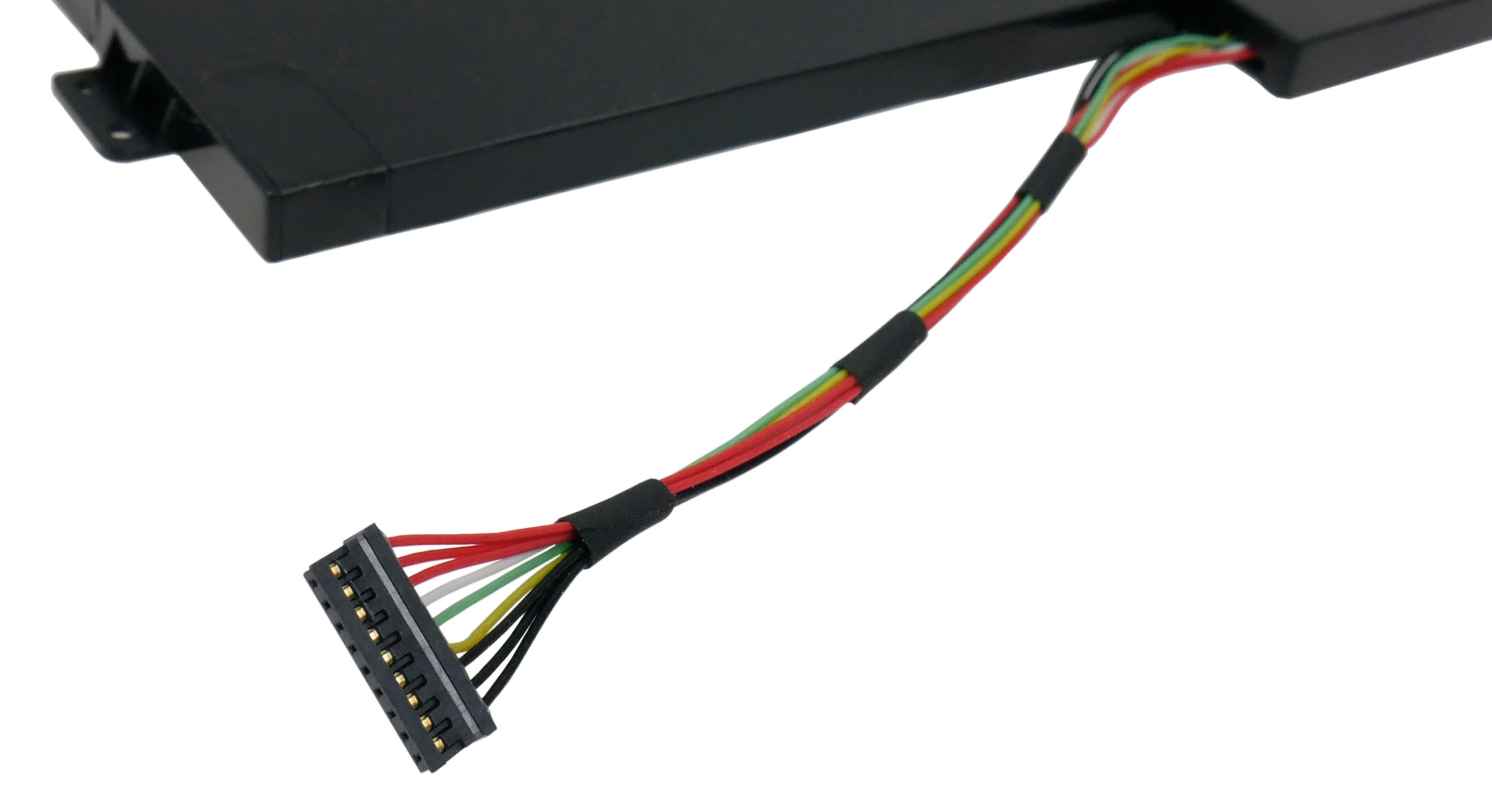 Czarna bateria do laptopa z kablem połączeniowym, czerwone, zielone, żółte i białe przewody.