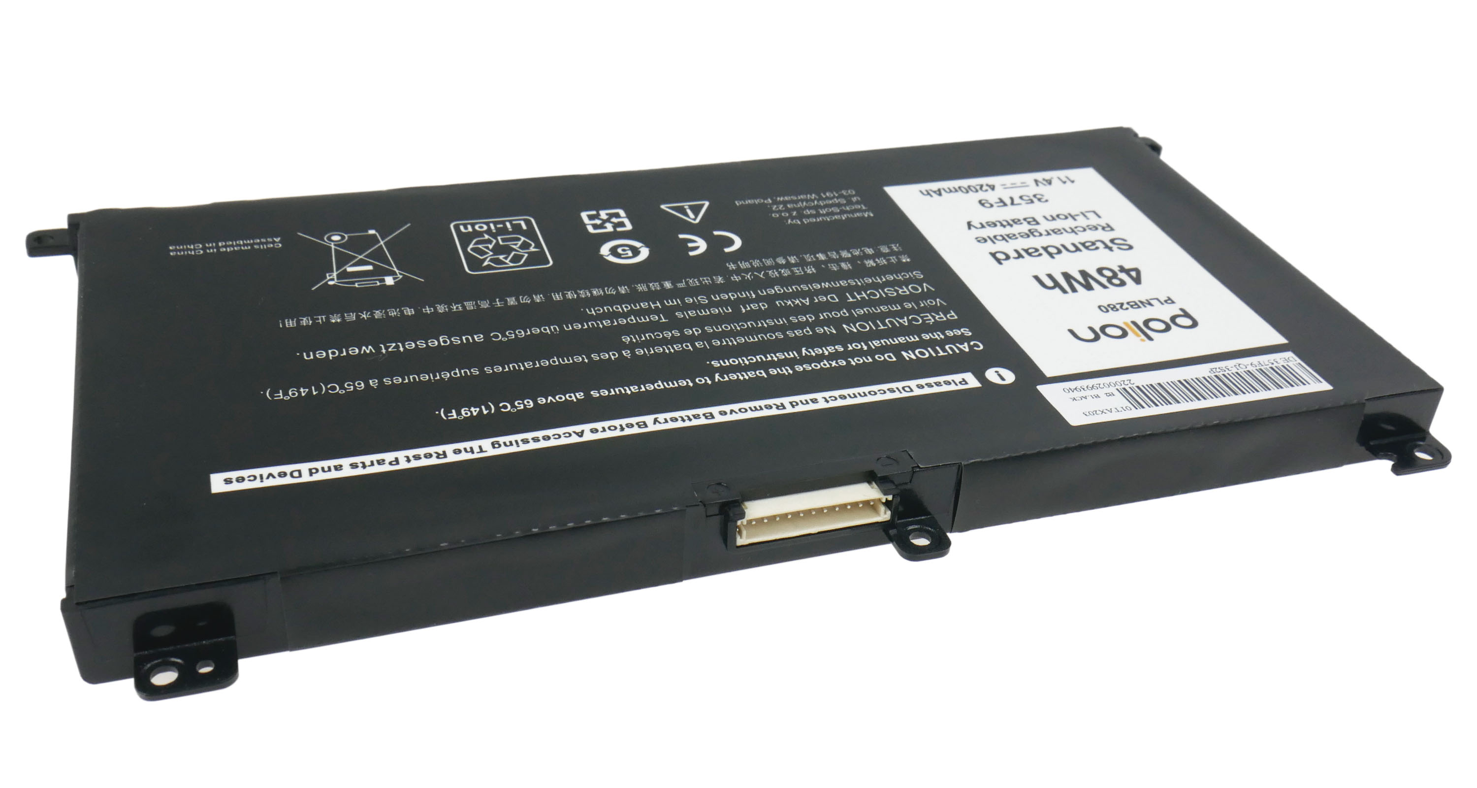 Czarna bateria litowo-jonowa z ostrzeżeniami i specyfikacjami.