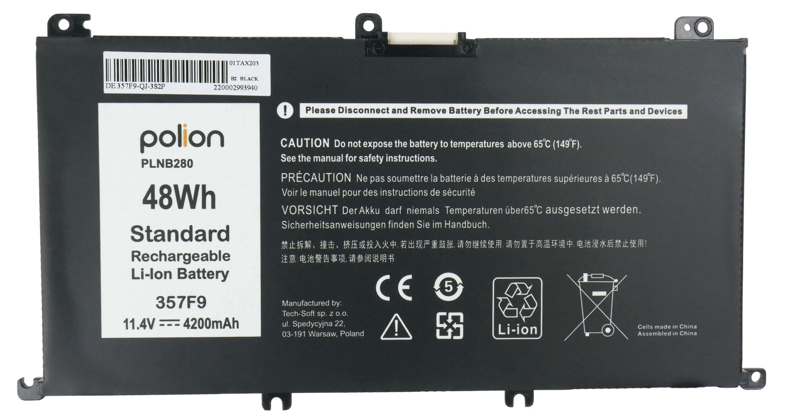 Czarny akumulator Polion do laptopa, 48Wh, 11,4V, 4200mAh, model PLNB280.