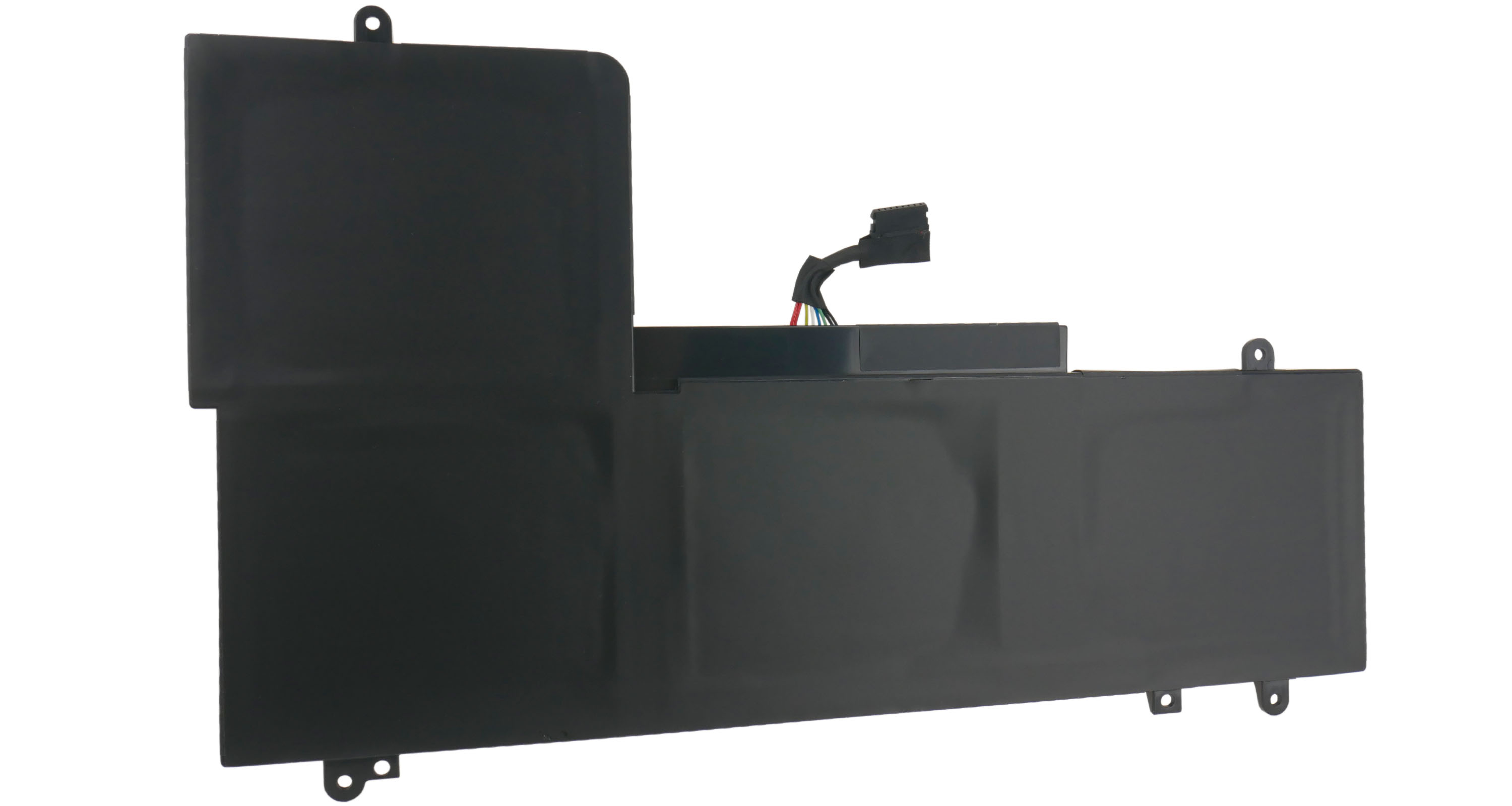 Czarna bateria do laptopa z kablami i złączem, na białym tle.