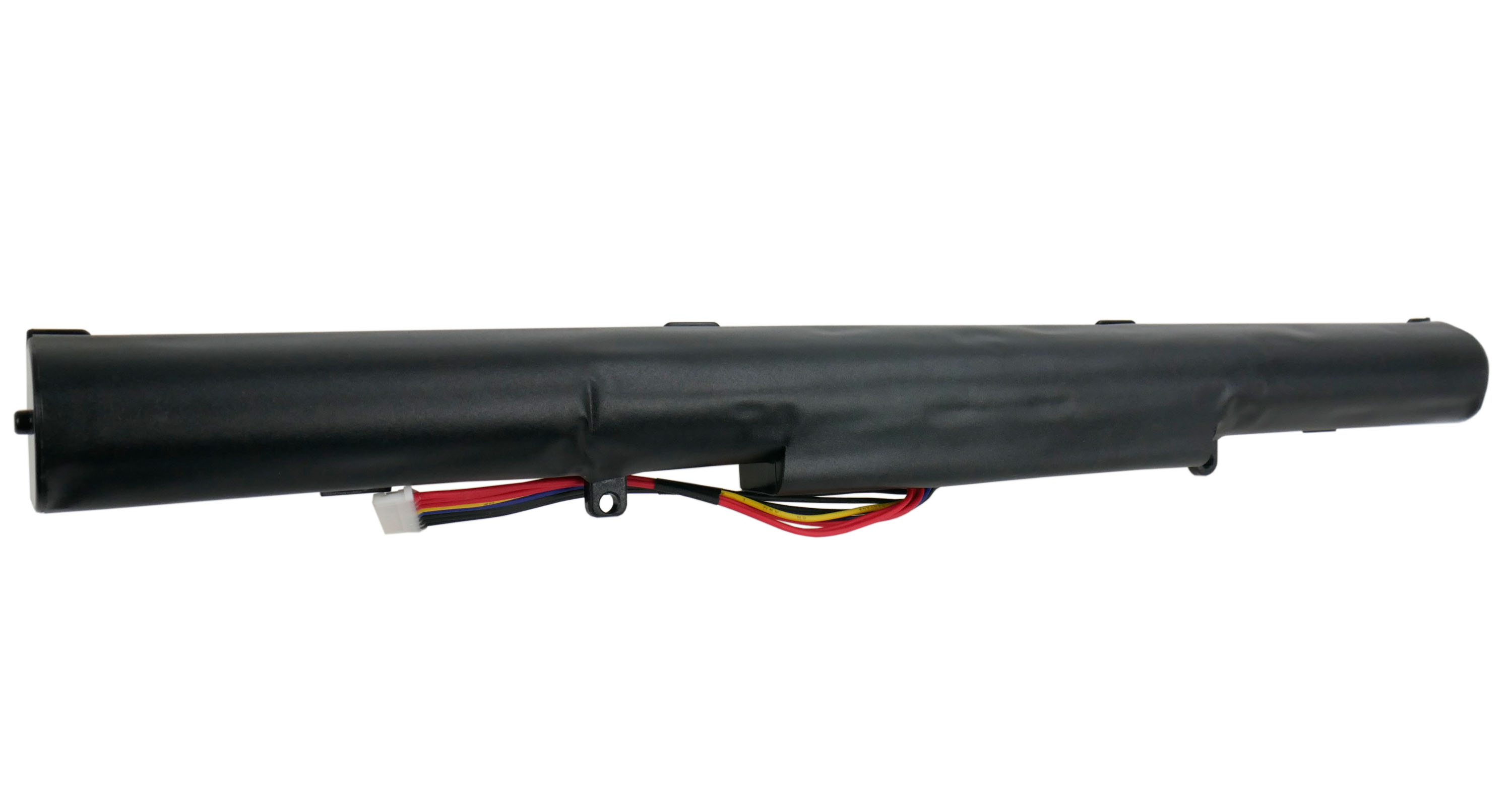 Czarna bateria do laptopa z kolorowymi przewodami (czerwony, żółty, niebieski, czarny).