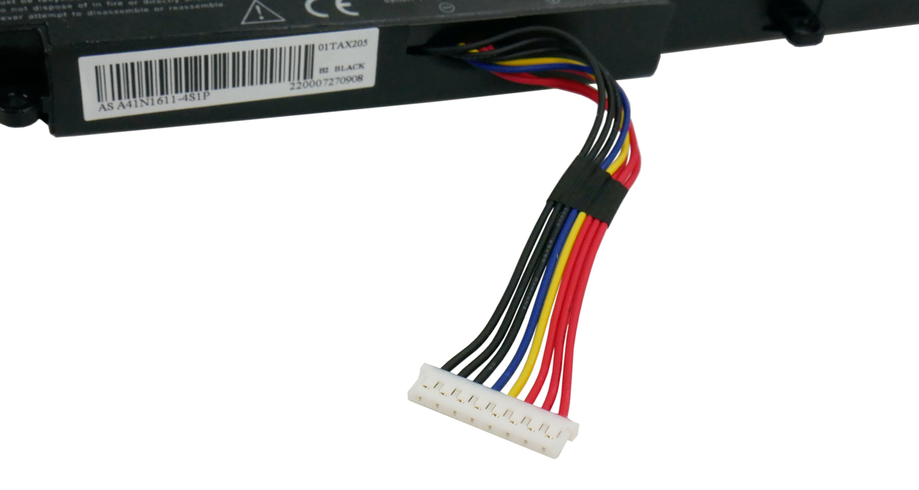 Czarna bateria z czerwonymi, niebieskimi, żółtymi, czarnymi przewodami i białym złączem.