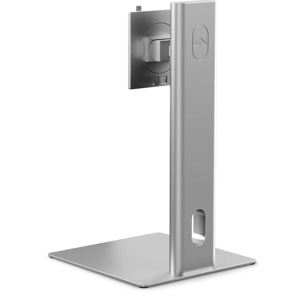 Supporto per monitor argentato con base rettangolare e montante verticale.