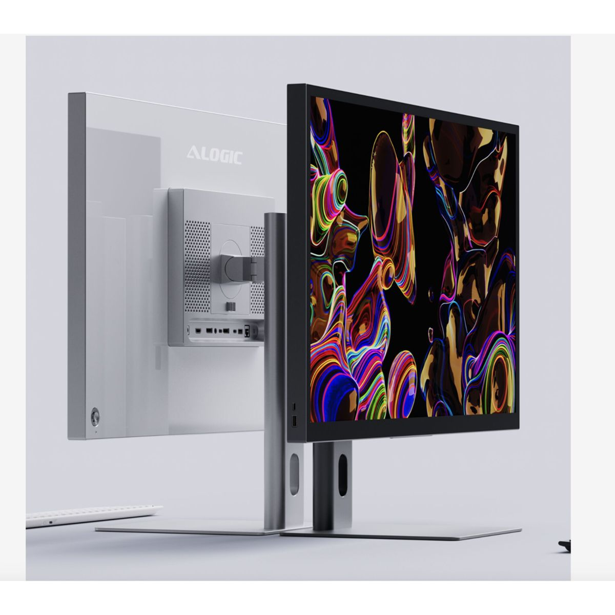 Ein moderner Monitor mit einem bunten, abstrakten Bildschirmschoner und Anschlüssen auf der Rückseite.