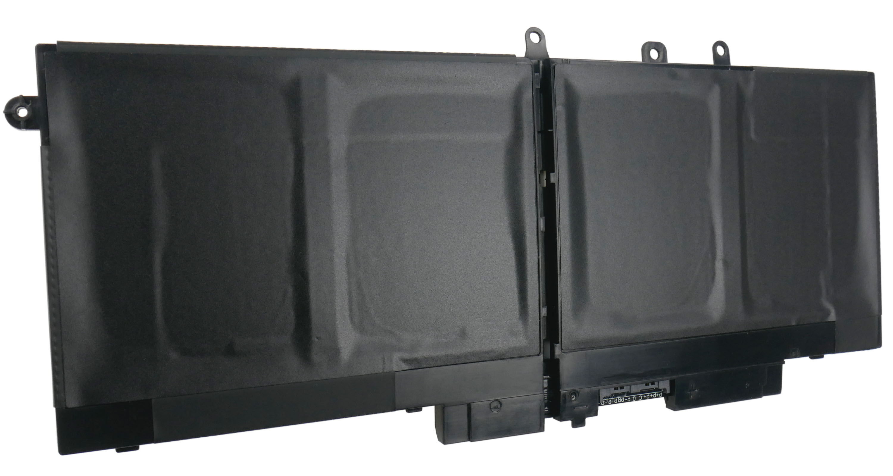Czarna bateria do laptopa z dwoma podzielonymi segmentami i otworami montażowymi na górze.