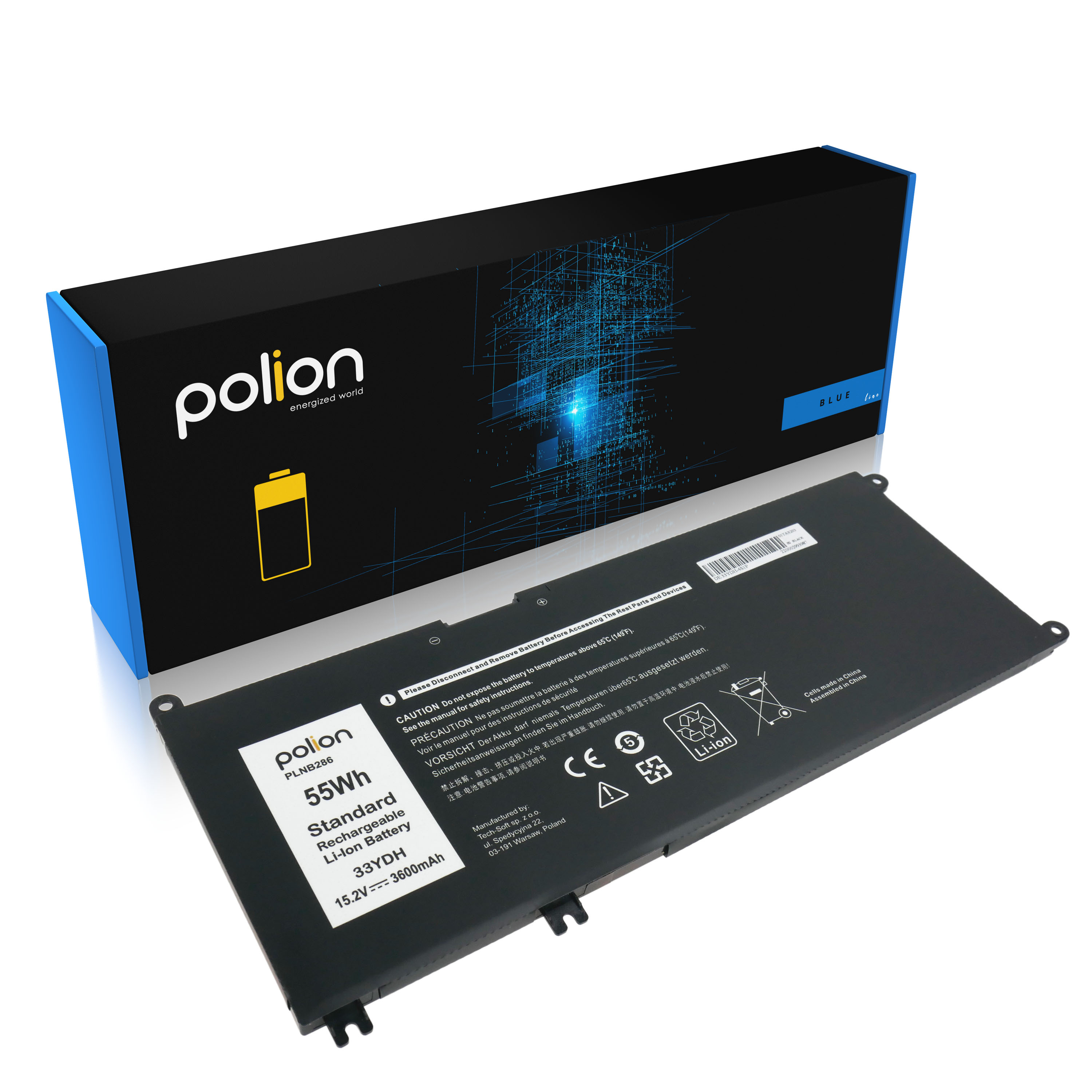 Bateria do laptopa Polion z opakowaniem. Czarna bateria z białym etykietą.