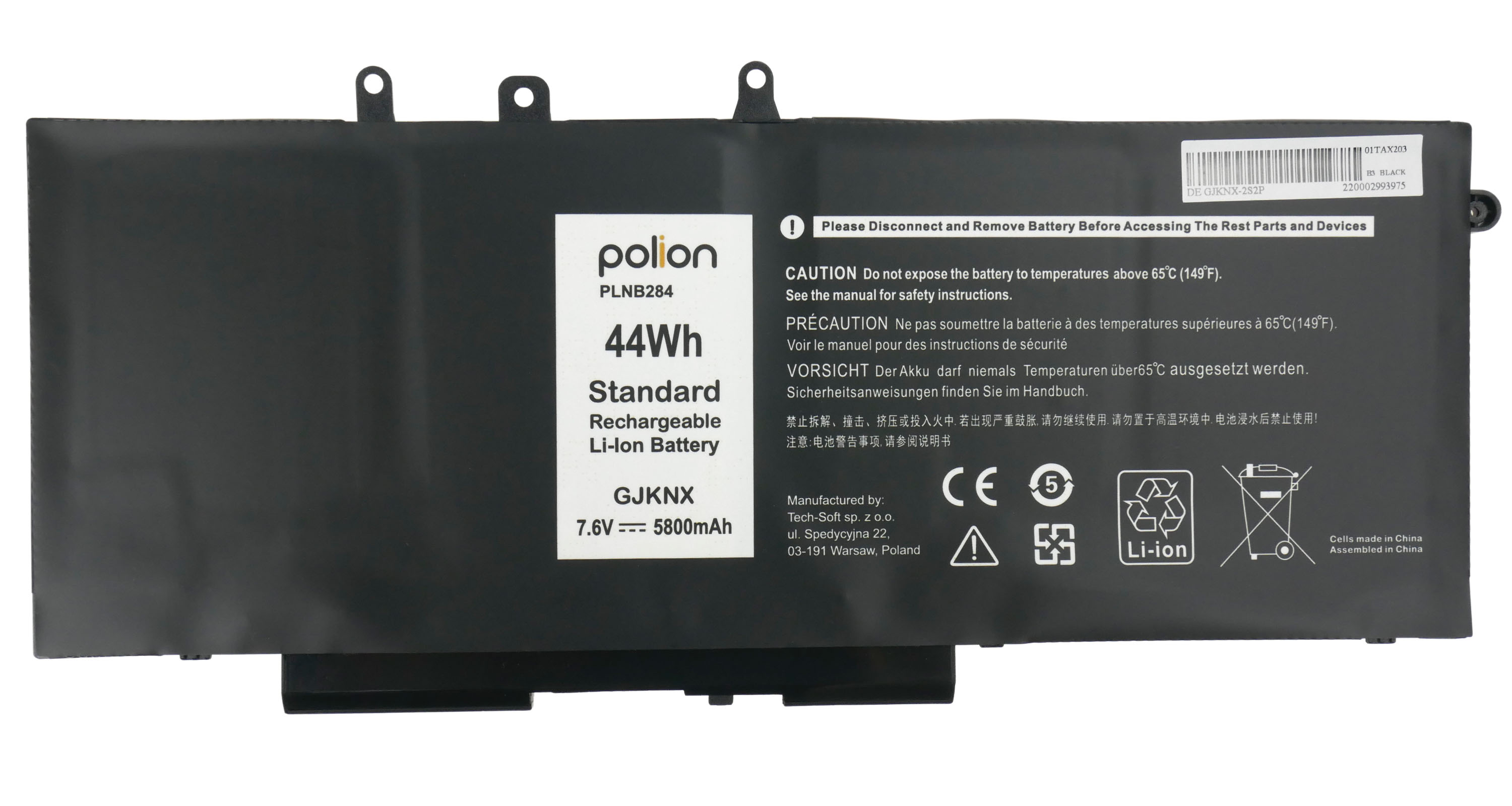 Czarny akumulator do laptopa z ostrzeżeniami i danymi producenta.