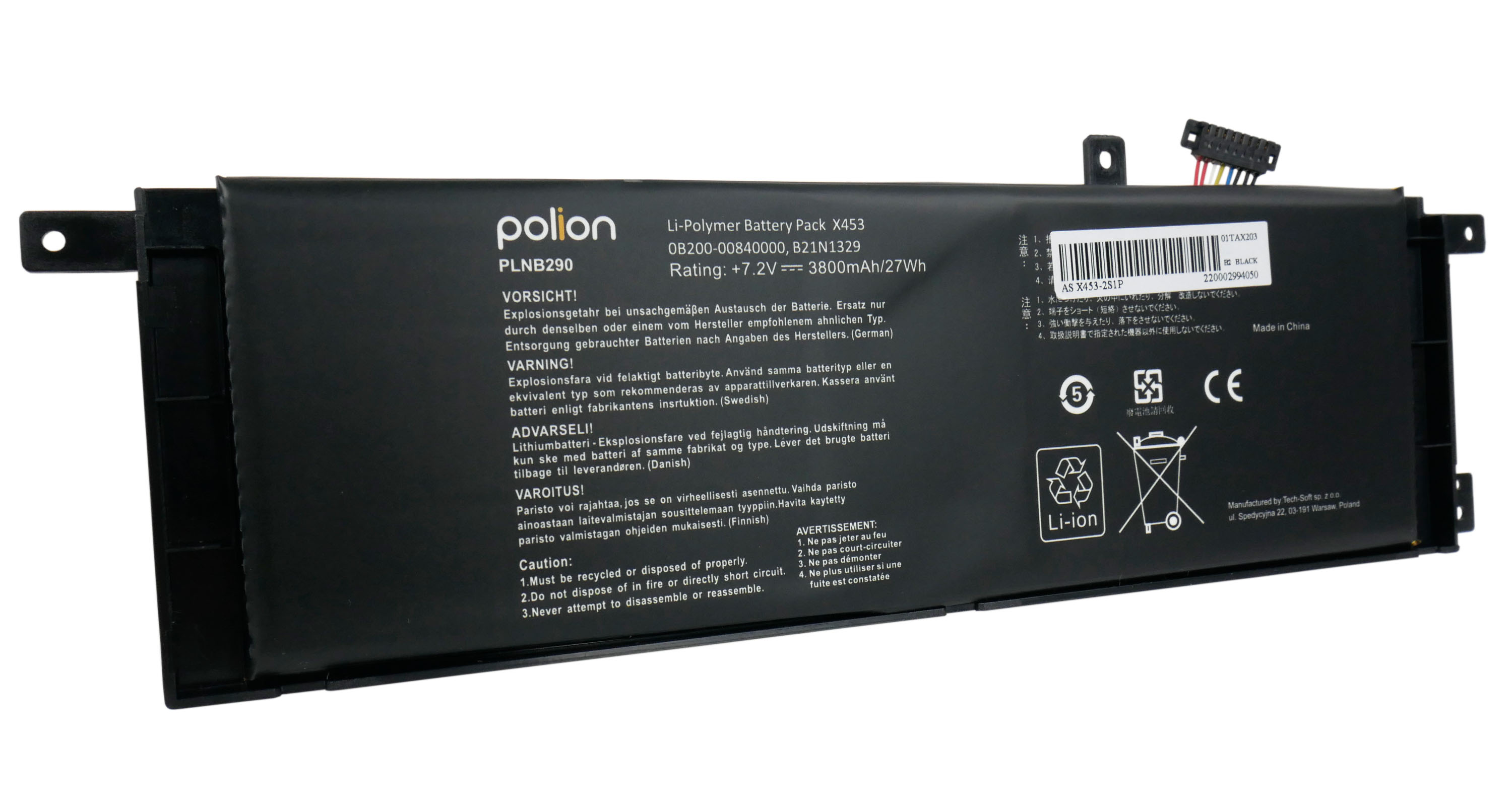 Czarny akumulator Li-Polymer z tekstem i symbolami ostrzegawczymi.